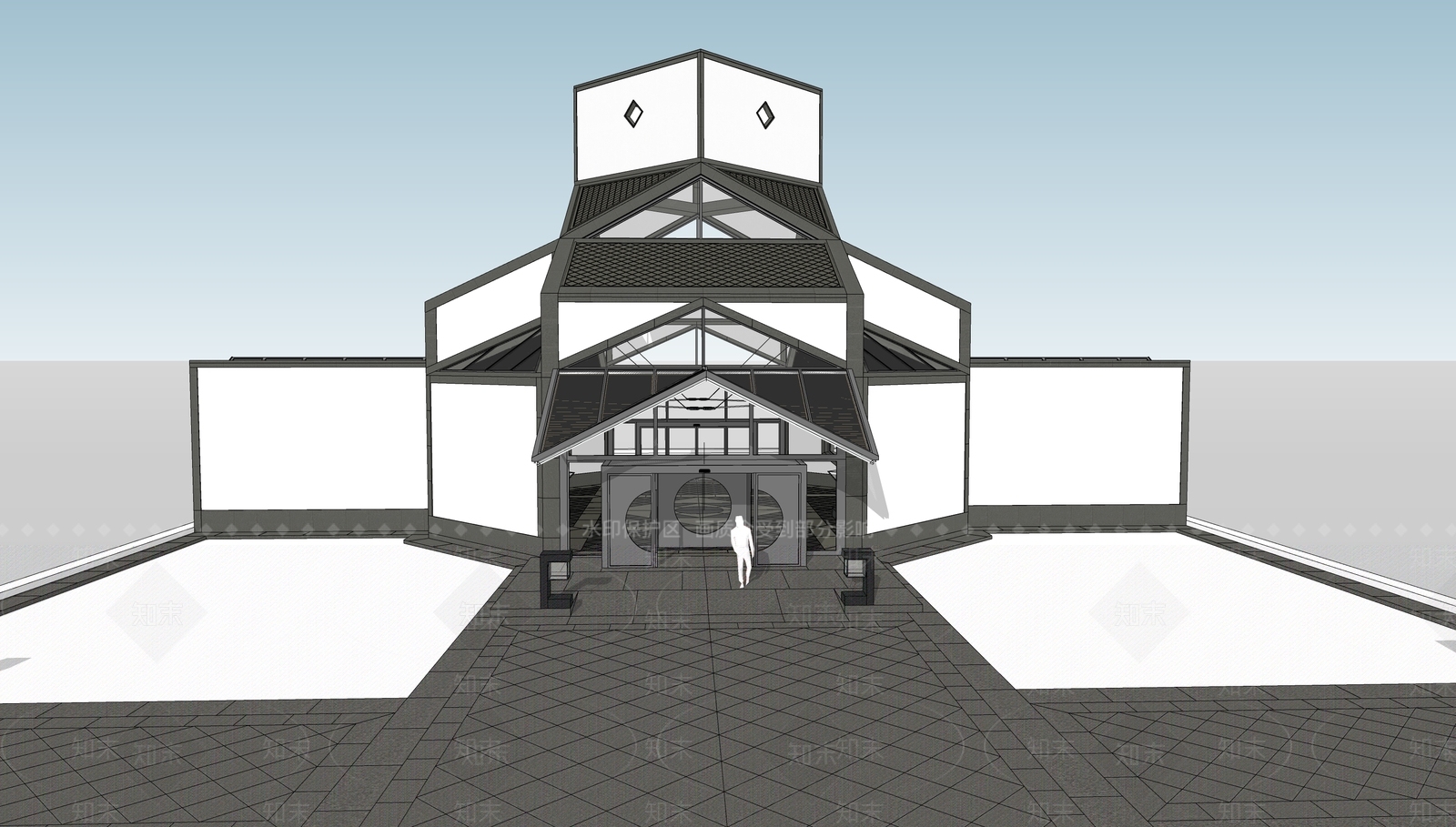 新中式现代展览馆建筑SU模型下载【ID:1165271102】