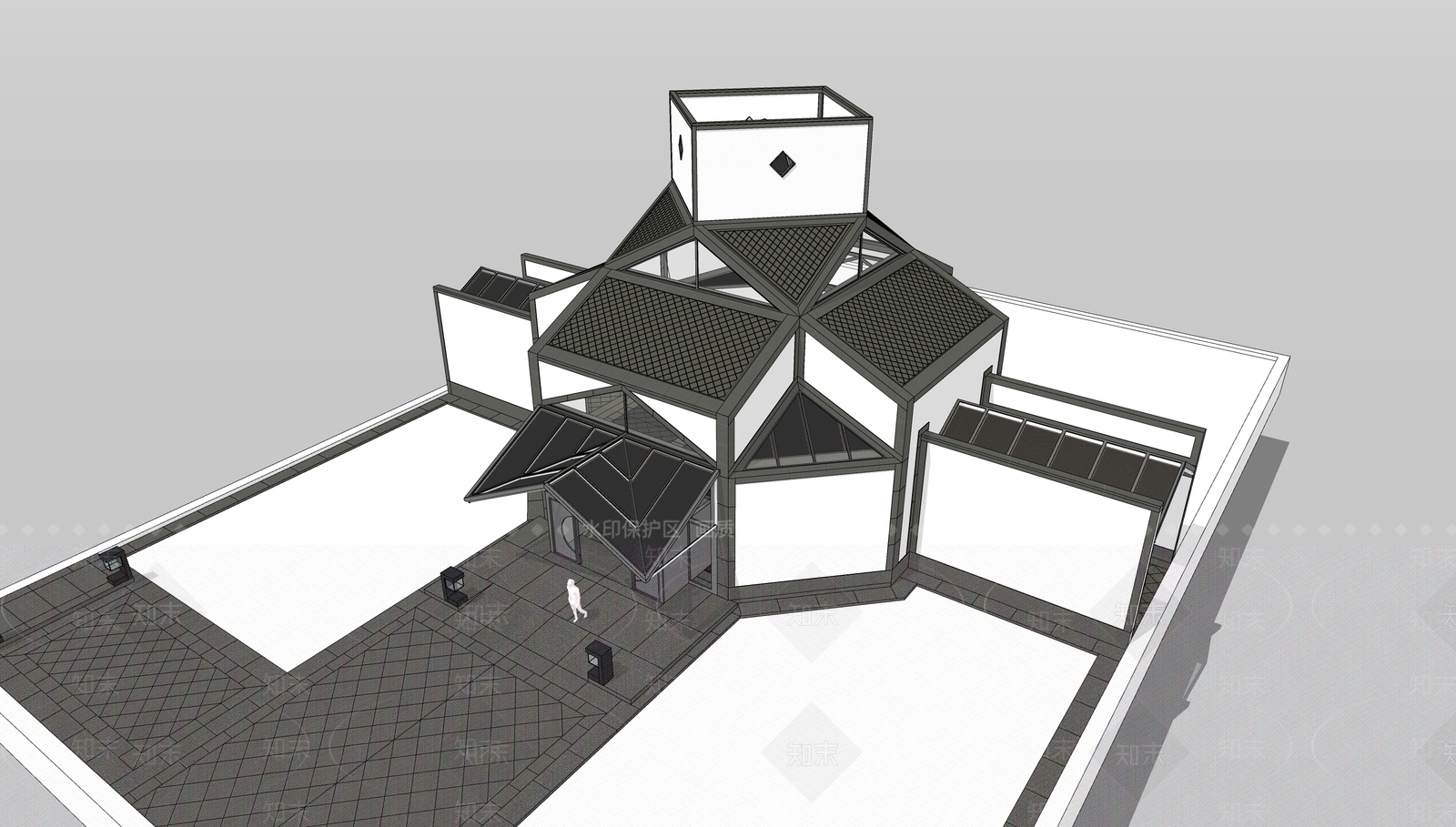 新中式现代展览馆建筑SU模型下载【ID:1165271102】