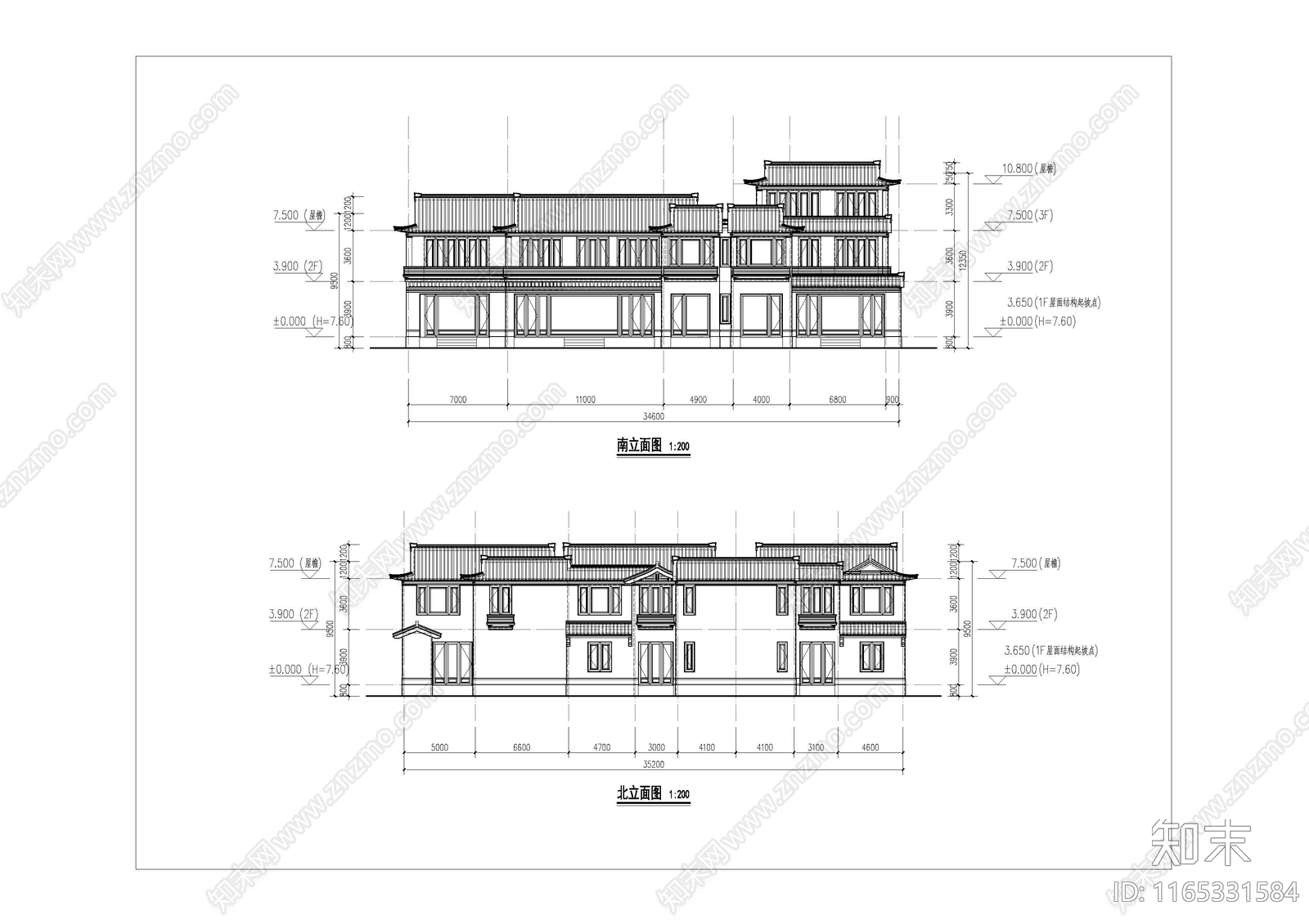 新中式中式别墅建筑cad施工图下载【ID:1165331584】