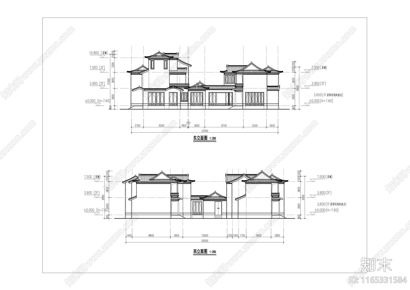 新中式中式别墅建筑cad施工图下载【ID:1165331584】