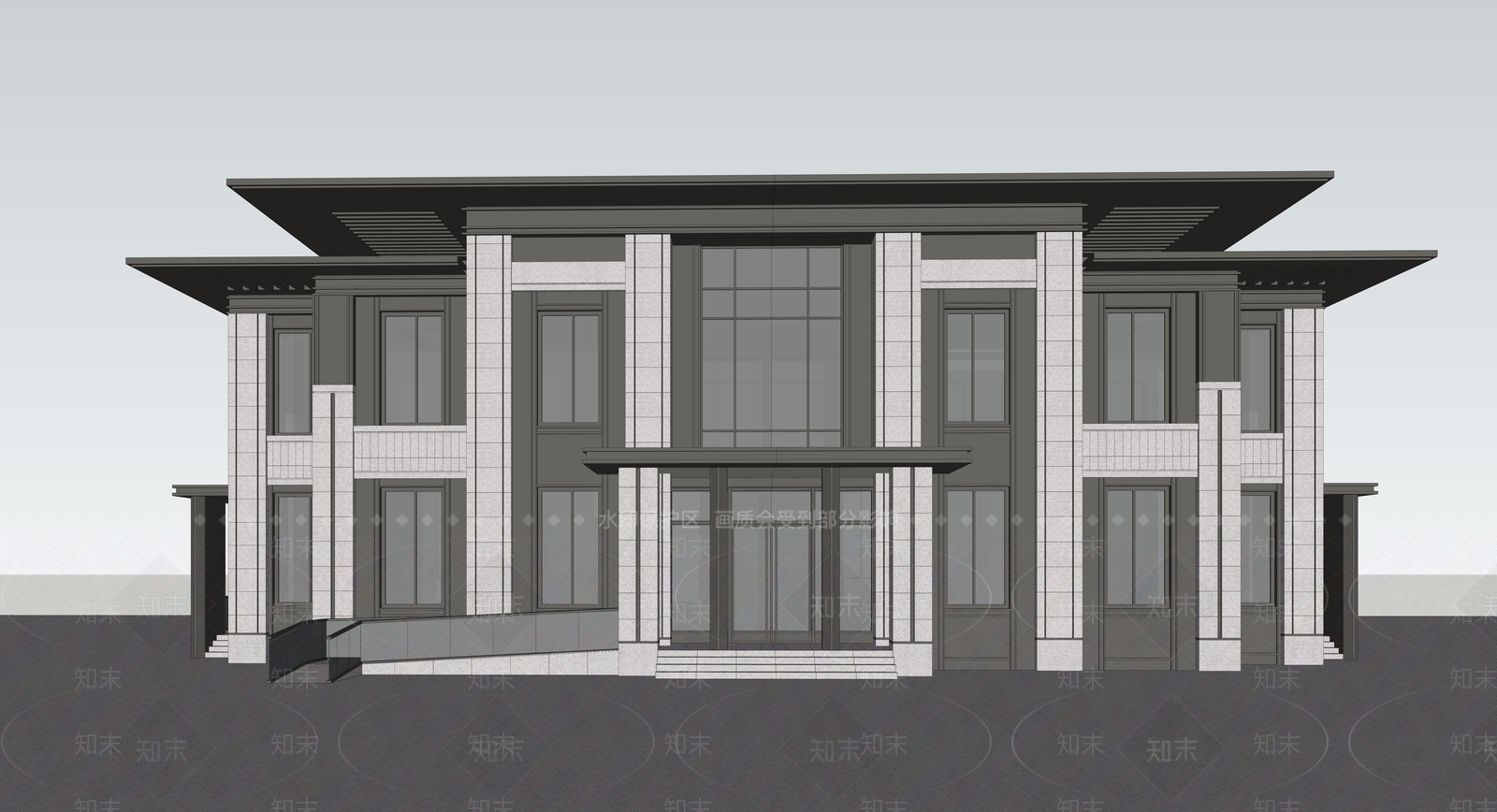现代新中式展览馆建筑SU模型下载【ID:1165398052】