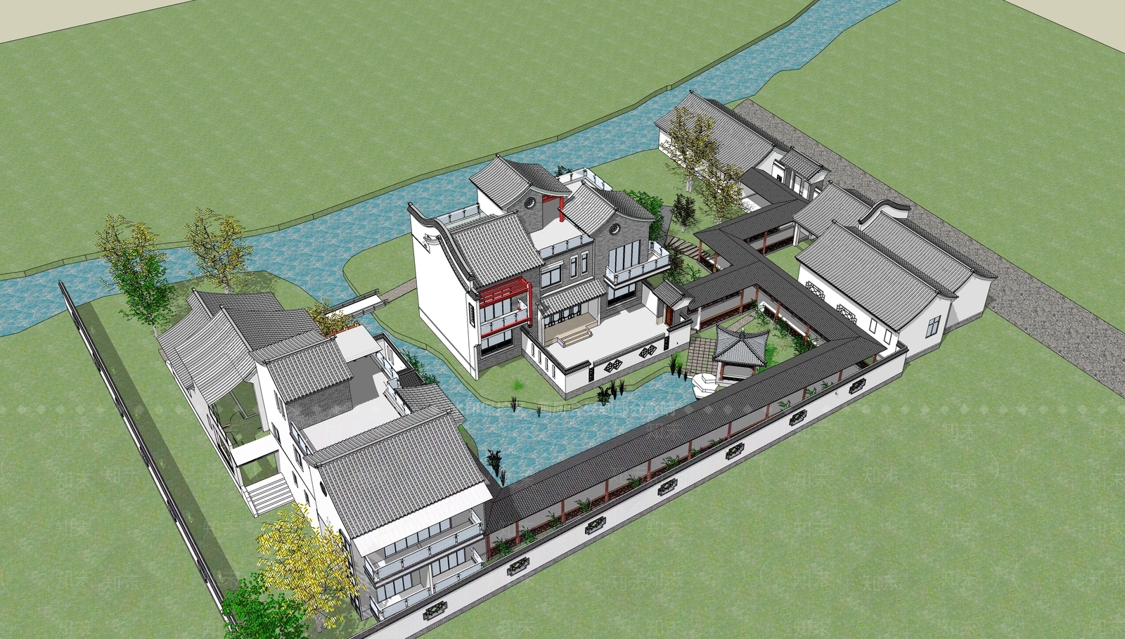 新中式现代四合院SU模型下载【ID:1165452046】
