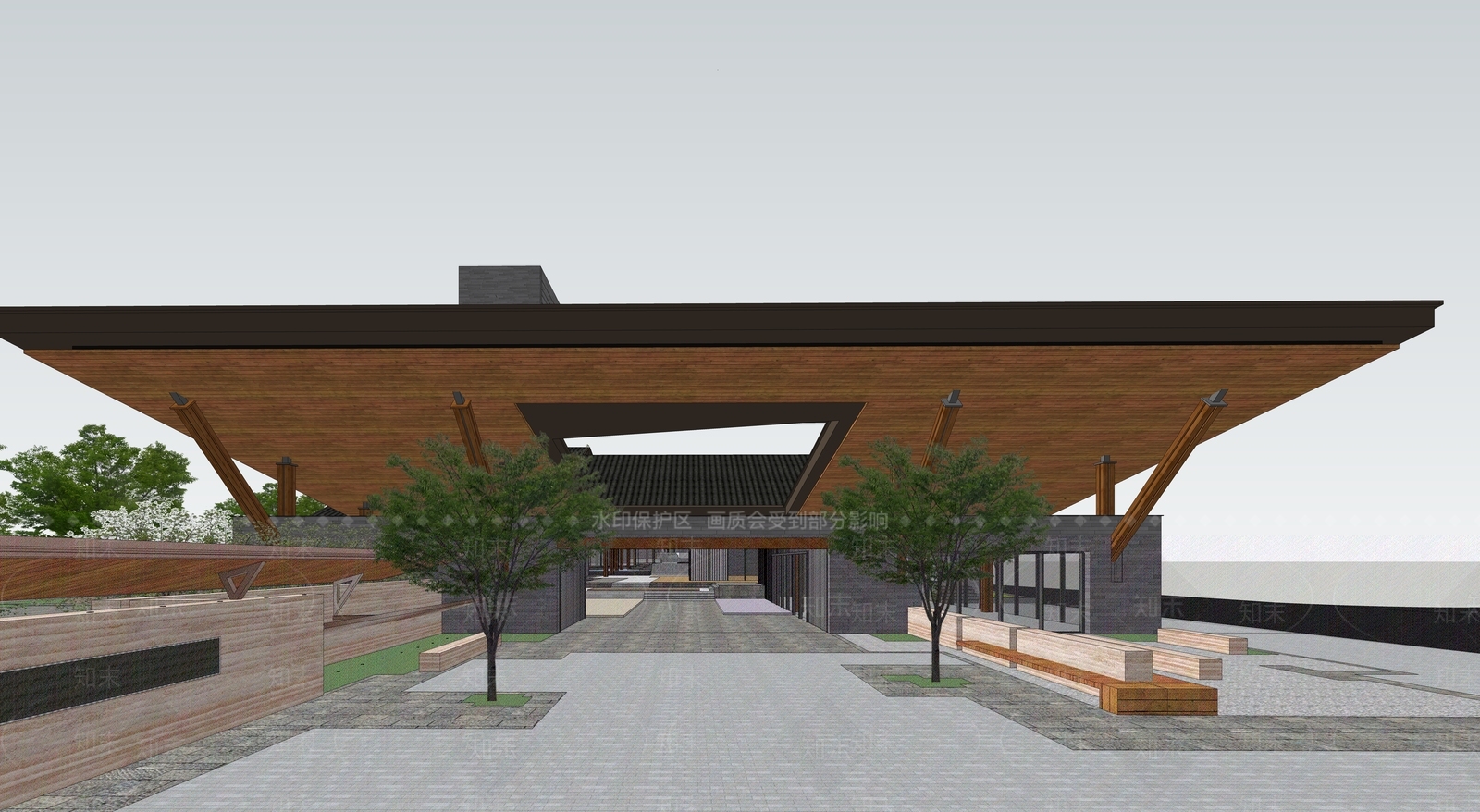 新中式现代展览馆建筑SU模型下载【ID:1165549748】