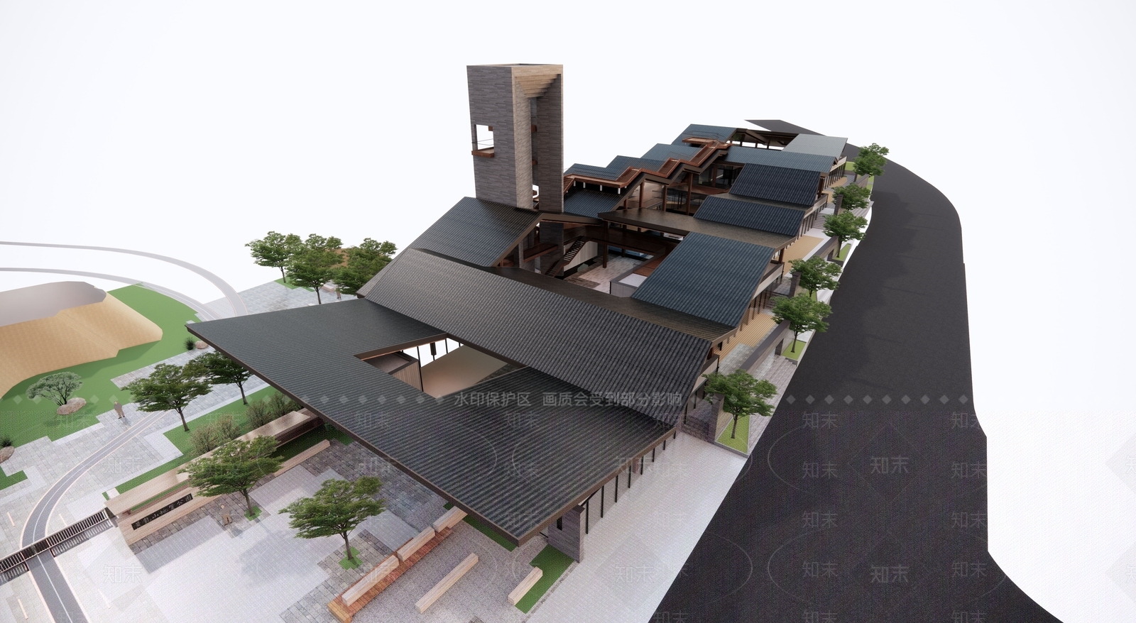 新中式现代展览馆建筑SU模型下载【ID:1165549748】