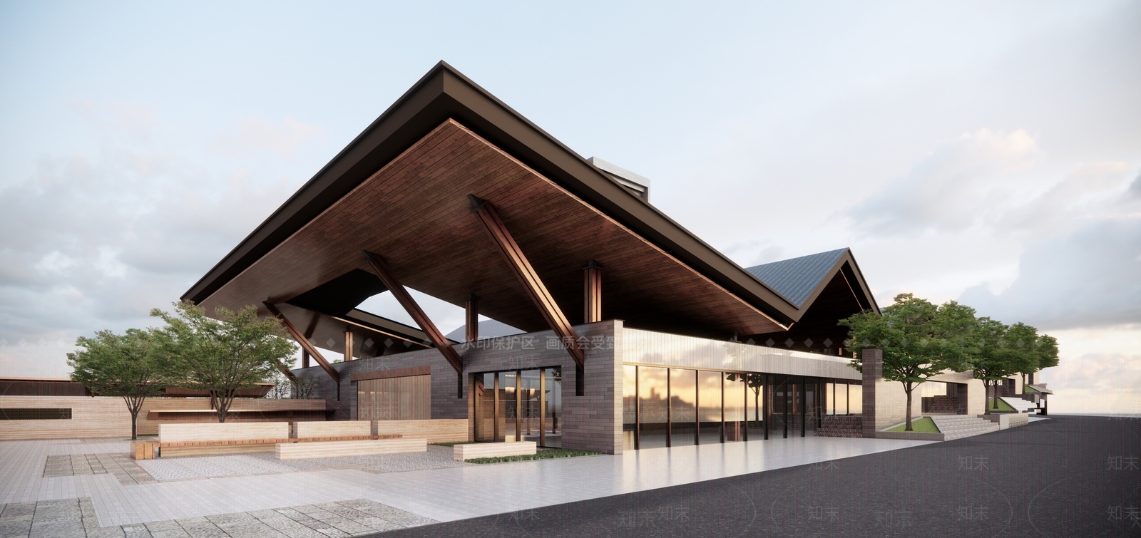 新中式现代展览馆建筑SU模型下载【ID:1165549748】