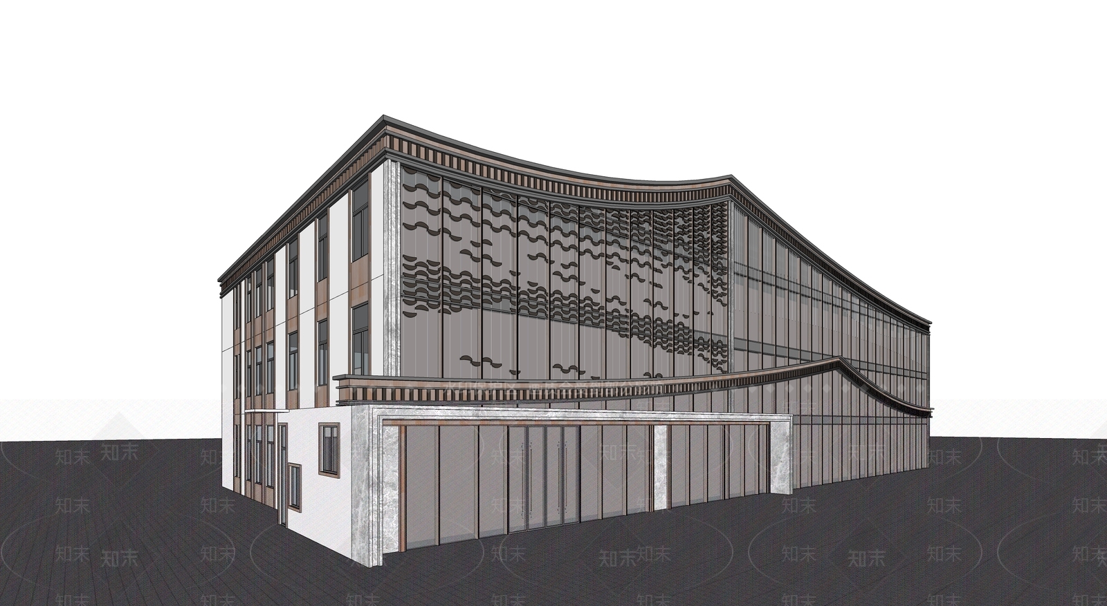 现代新中式展览馆建筑SU模型下载【ID:1165580642】