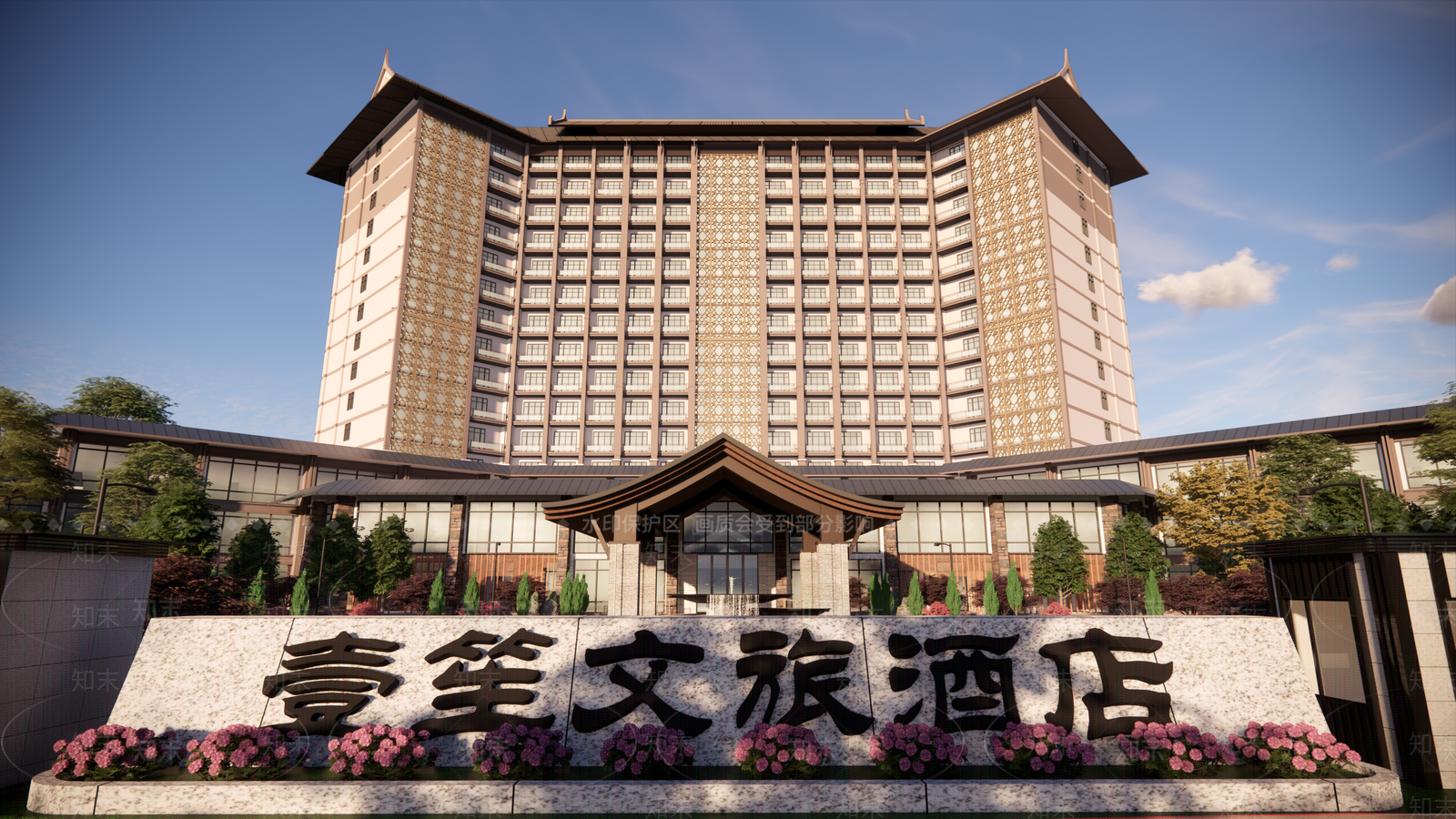 新中式中式酒店建筑SU模型下载【ID:1165661537】