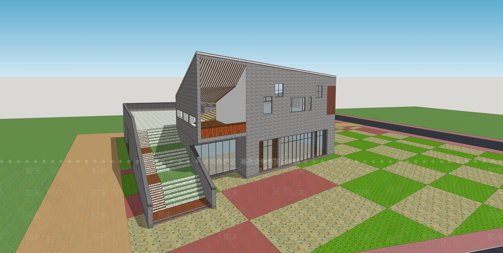 现代新中式展览馆建筑SU模型下载【ID:1165650461】