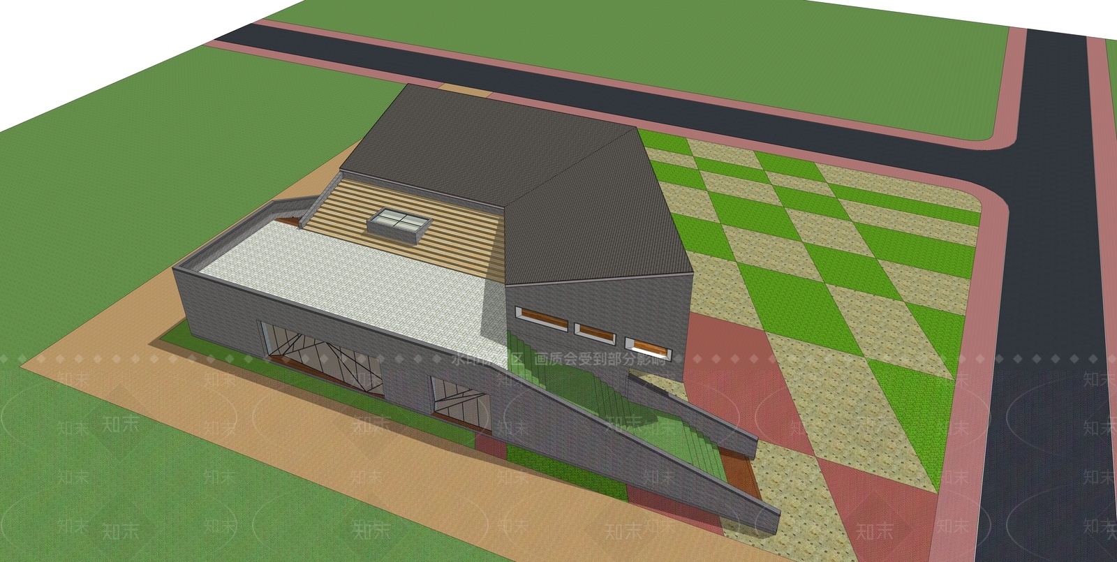 现代新中式展览馆建筑SU模型下载【ID:1165650461】