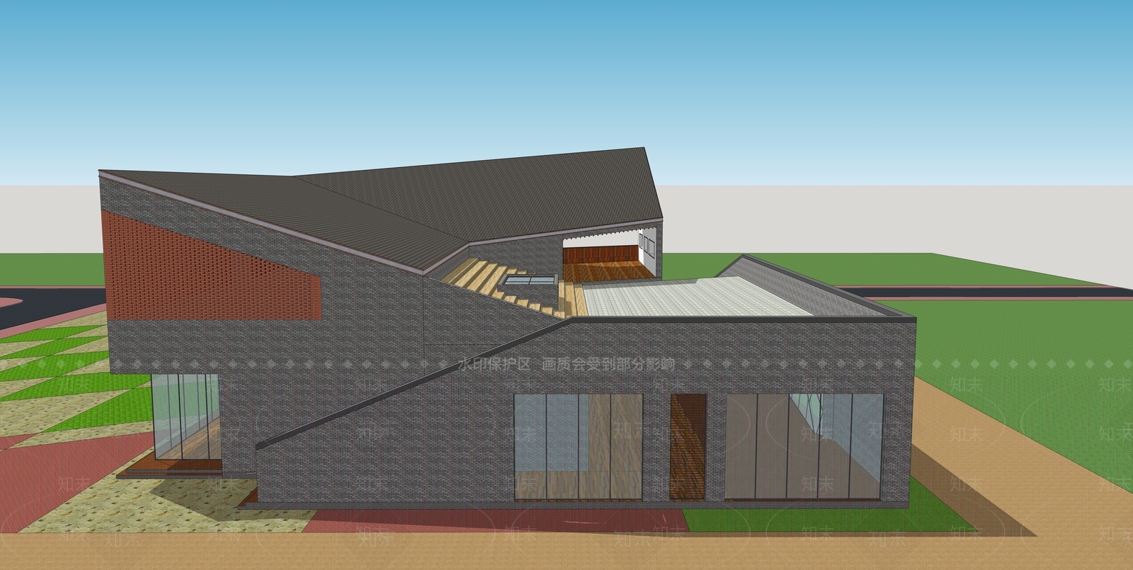 现代新中式展览馆建筑SU模型下载【ID:1165650461】