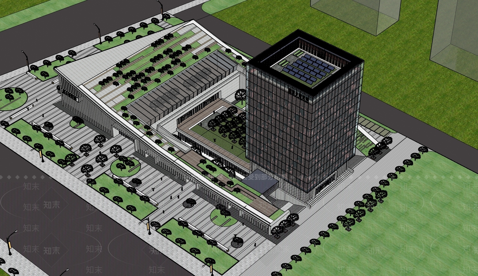 中式新中式图书馆建筑SU模型下载【ID:1165680557】