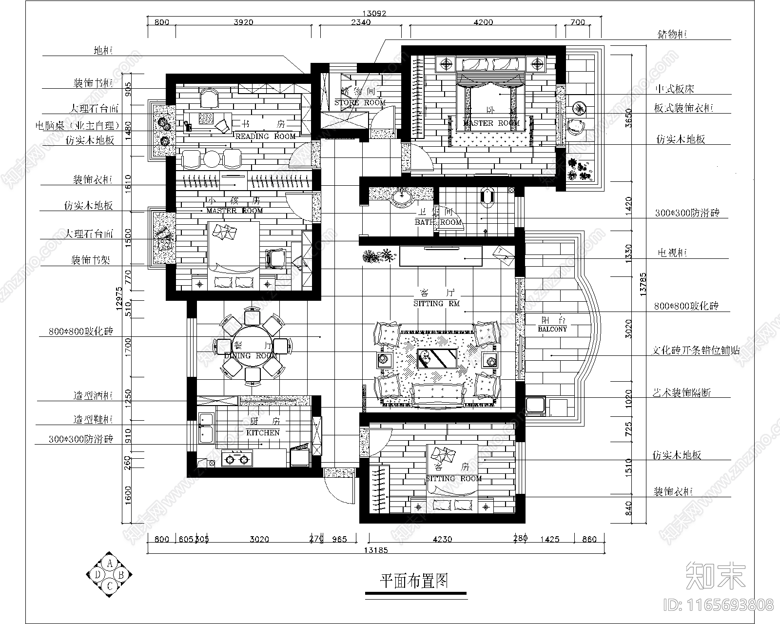 中式整体家装空间cad施工图下载【ID:1165693808】