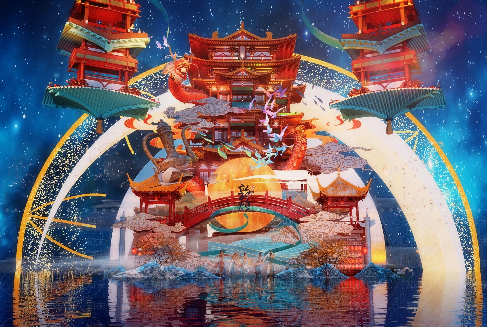 新中式中式滨水景观SU模型下载【ID:1165777987】