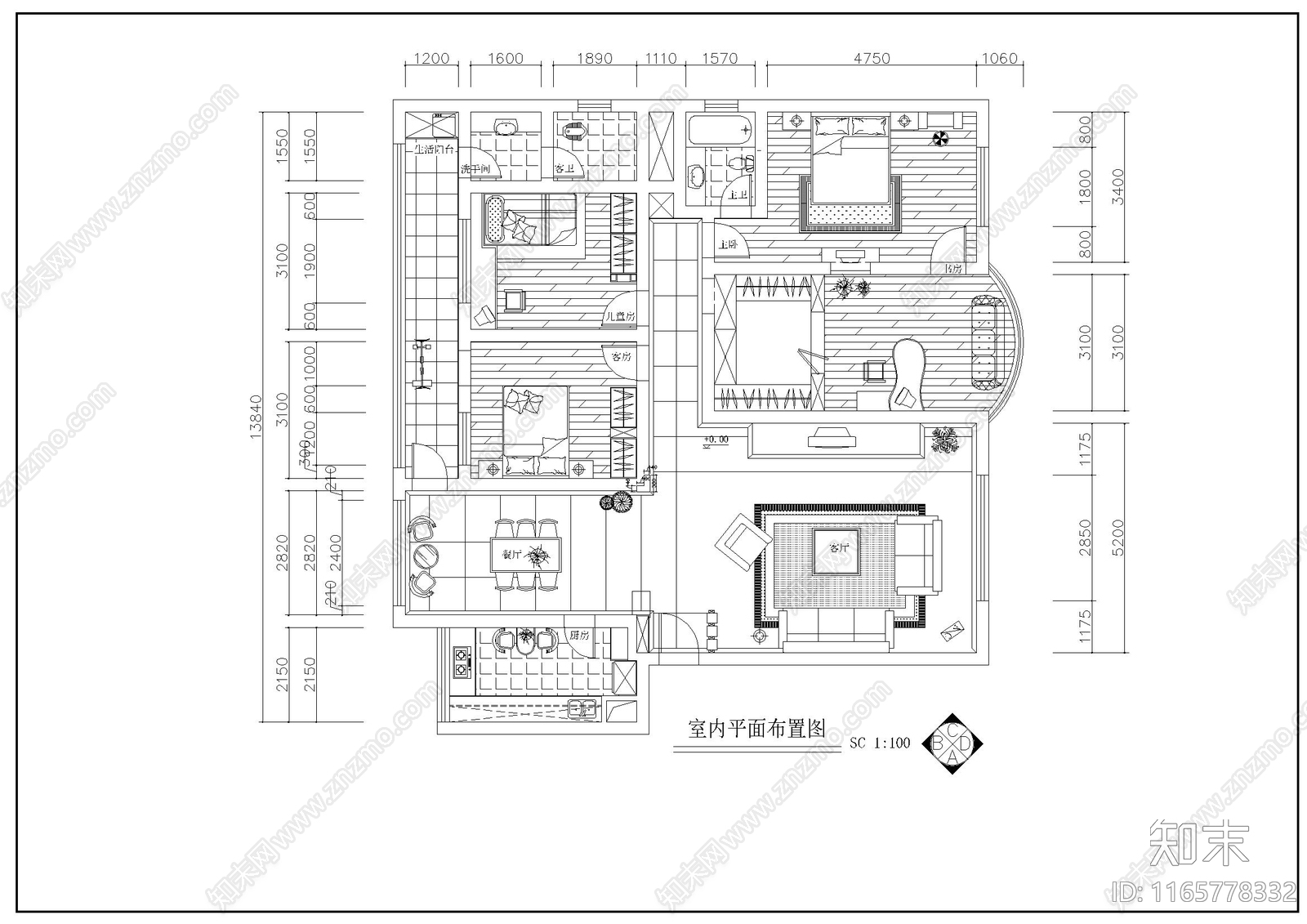 整体家装空间cad施工图下载【ID:1165778332】