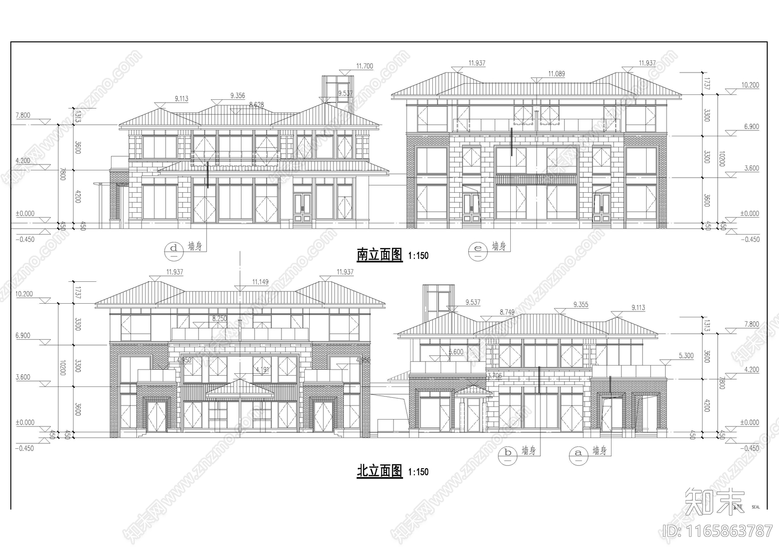 中式别墅建筑cad施工图下载【ID:1165863787】