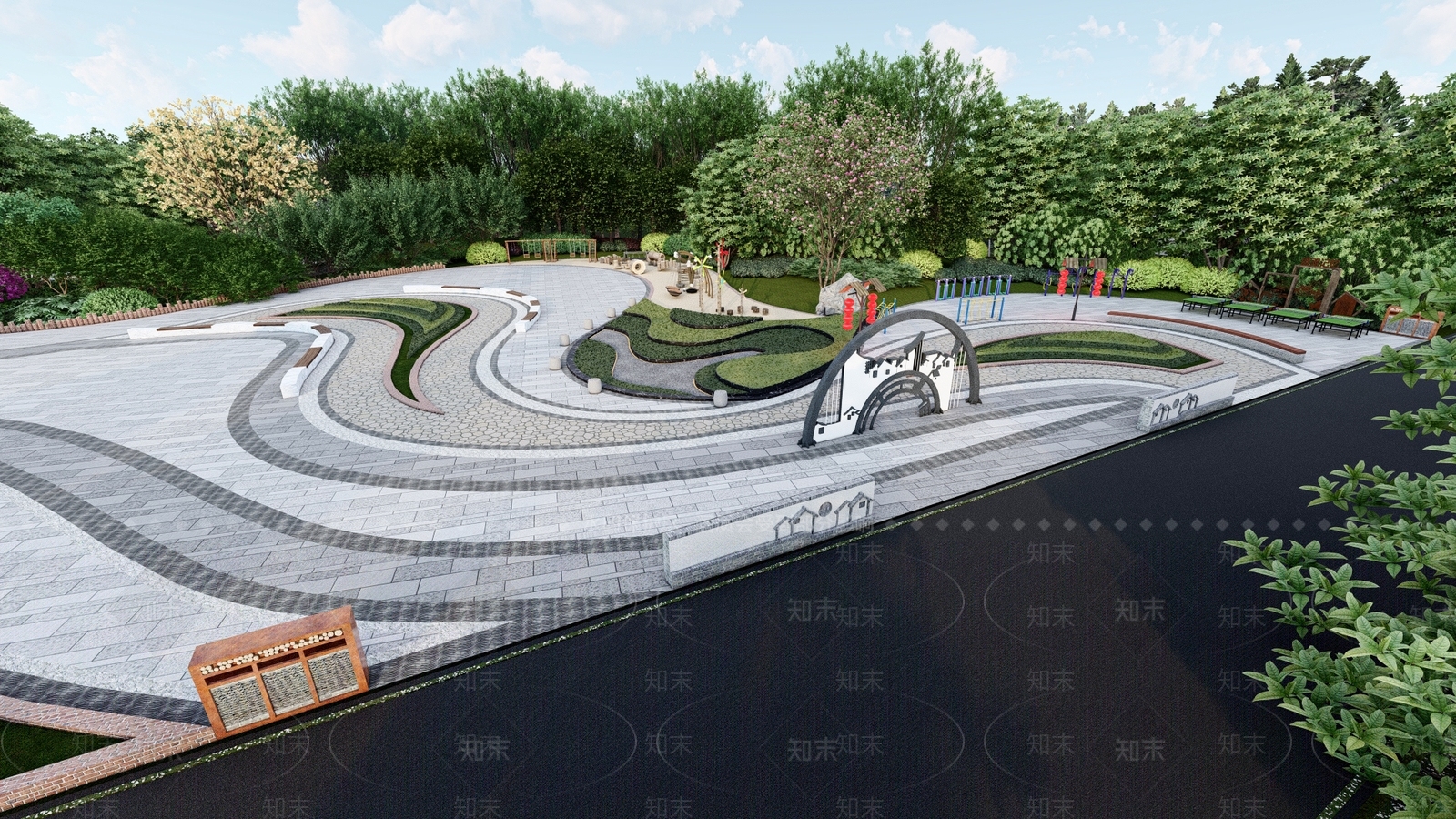 新中式中式乡村公园SU模型下载【ID:1165889493】