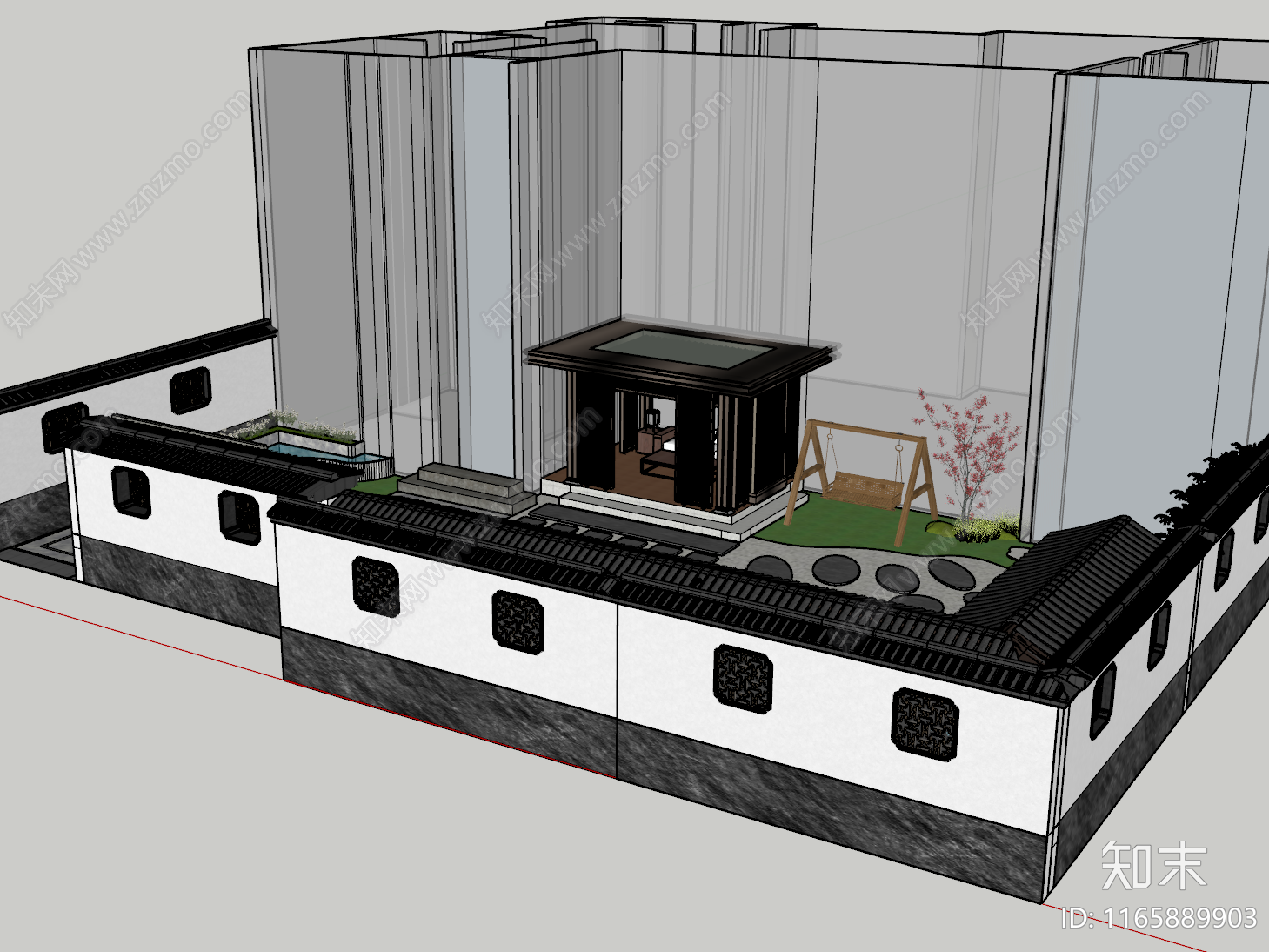 新中式中式别墅庭院SU模型下载【ID:1165889903】