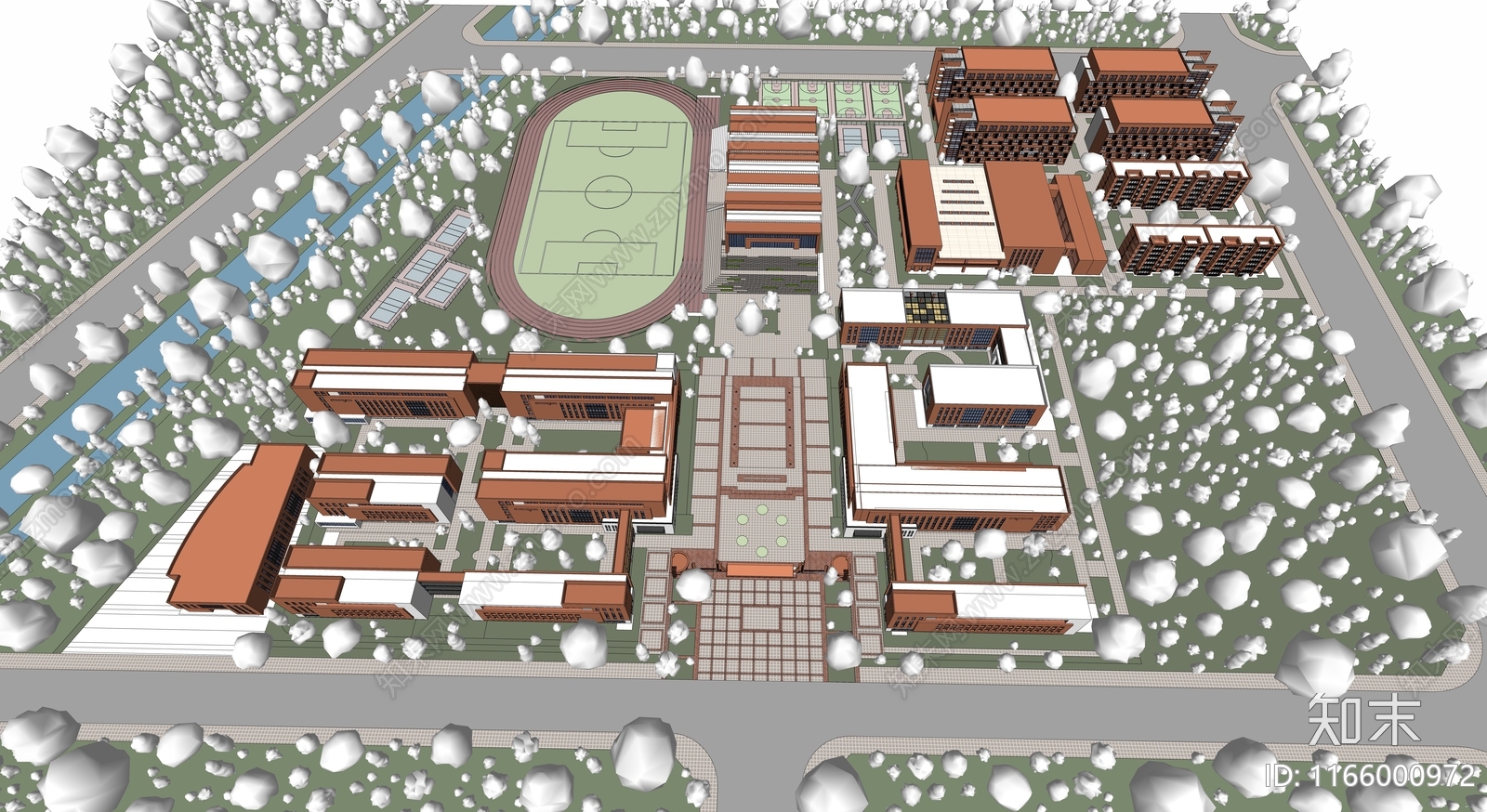 现代复古学校建筑SU模型下载【ID:1166000972】