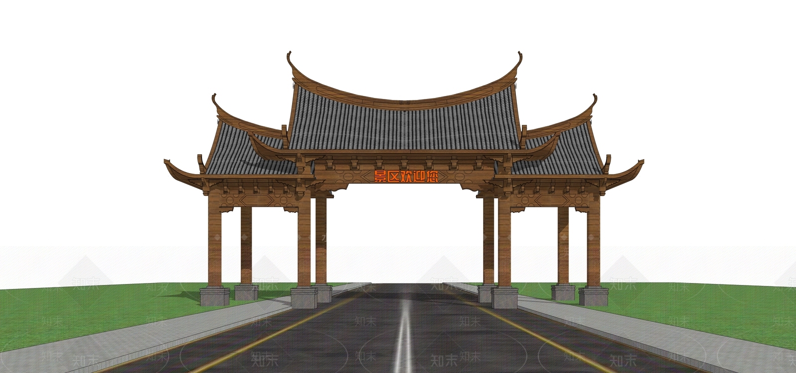 中式入口大门SU模型下载【ID:1166057573】