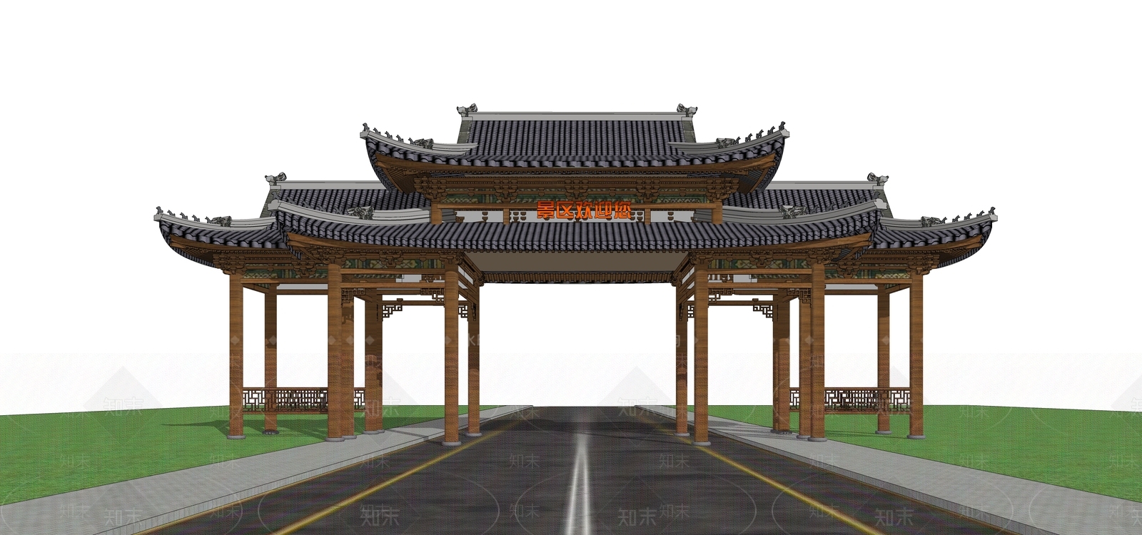 中式入口大门SU模型下载【ID:1166057767】