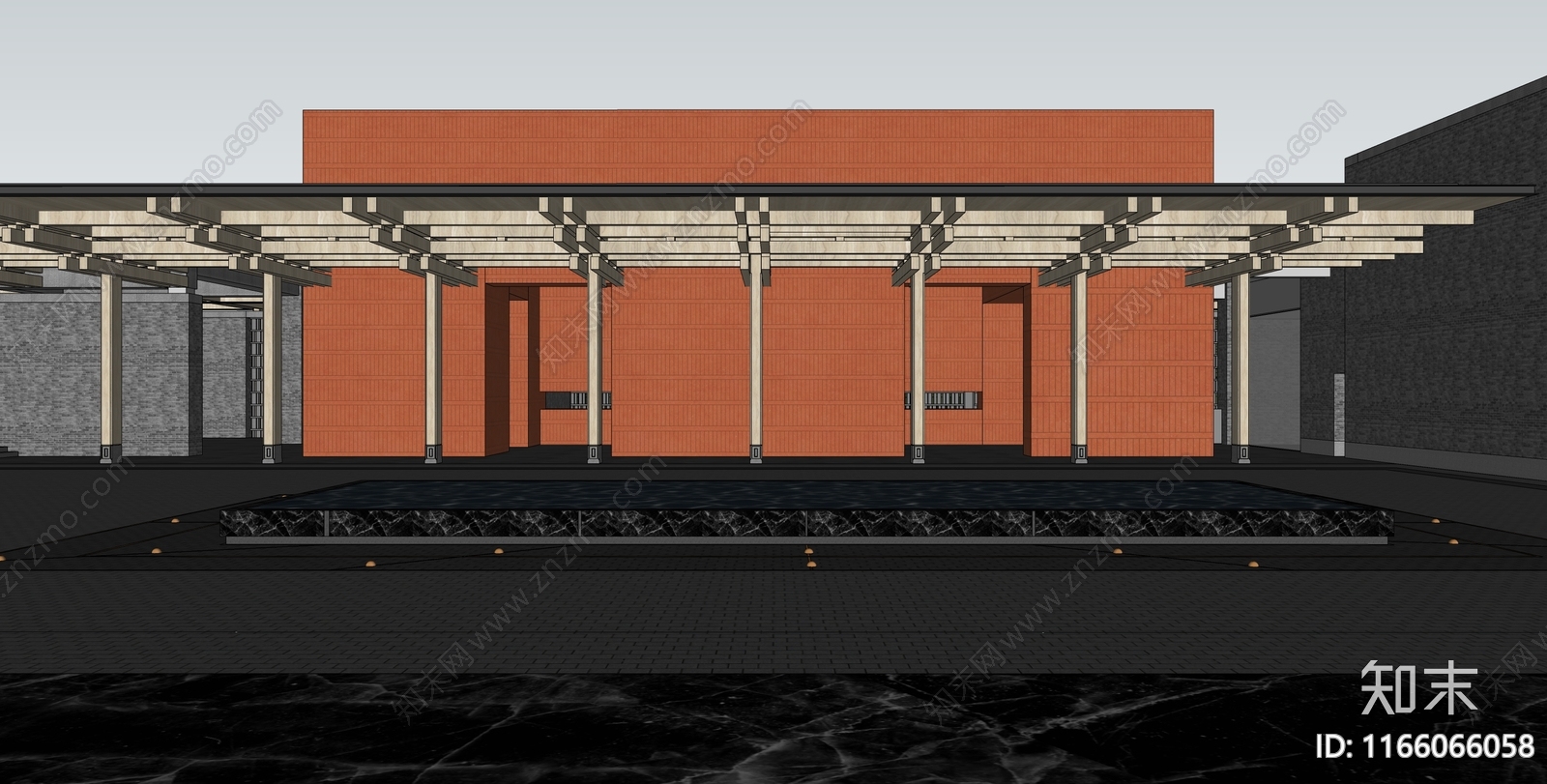 现代新中式展览馆建筑SU模型下载【ID:1166066058】