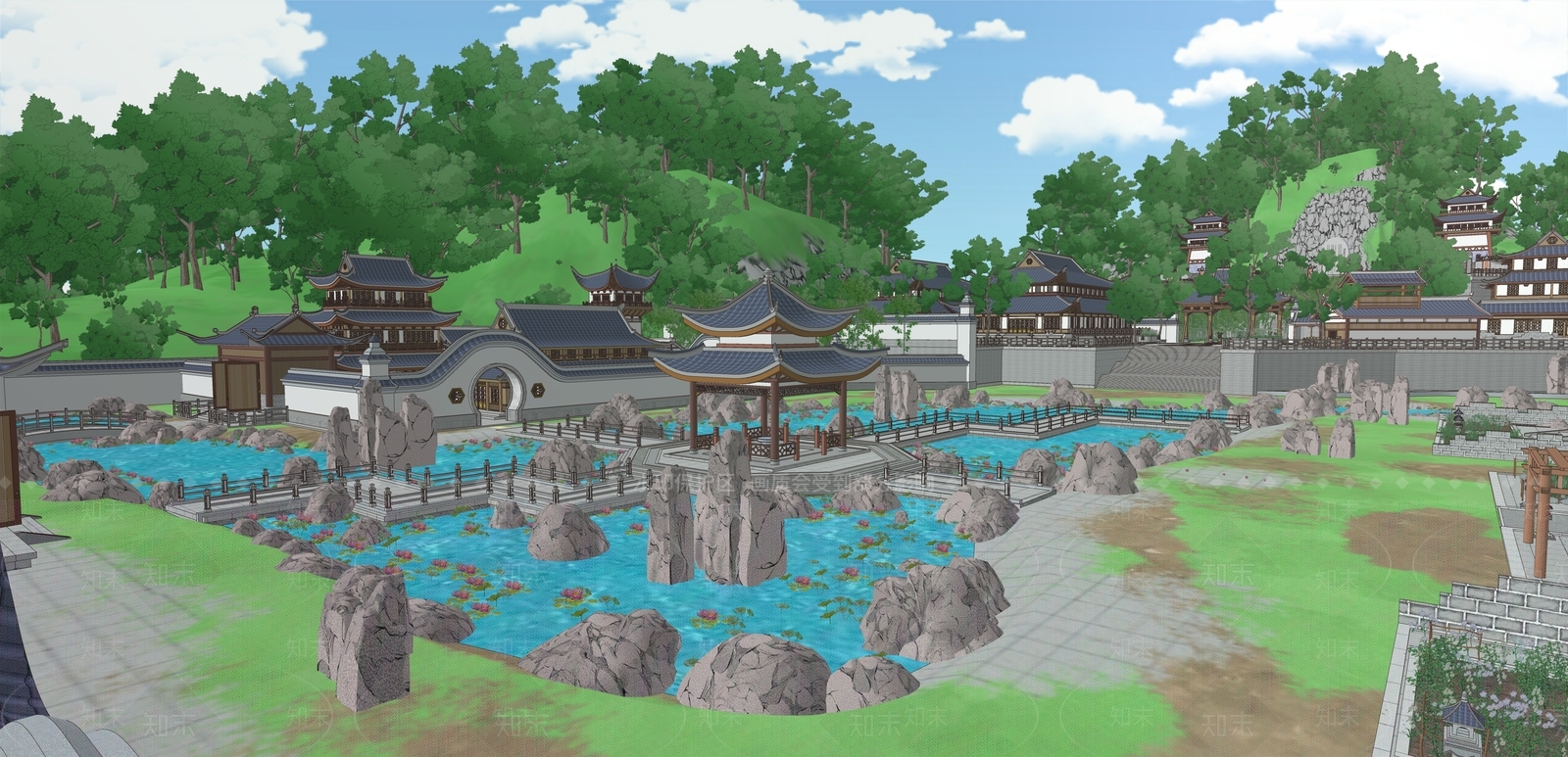 新中式中式景观公园SU模型下载【ID:1166160414】