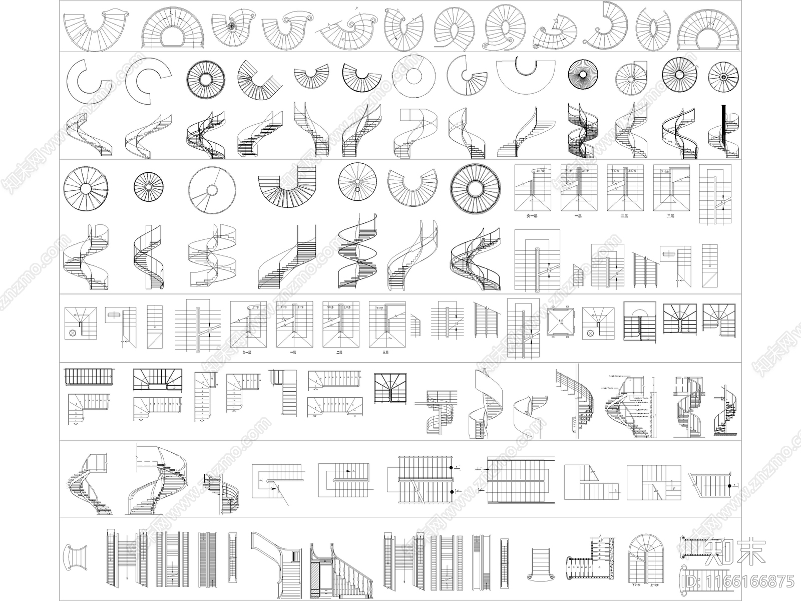 2024年最新各式楼梯平立面CAD图库施工图下载【ID:1166166875】