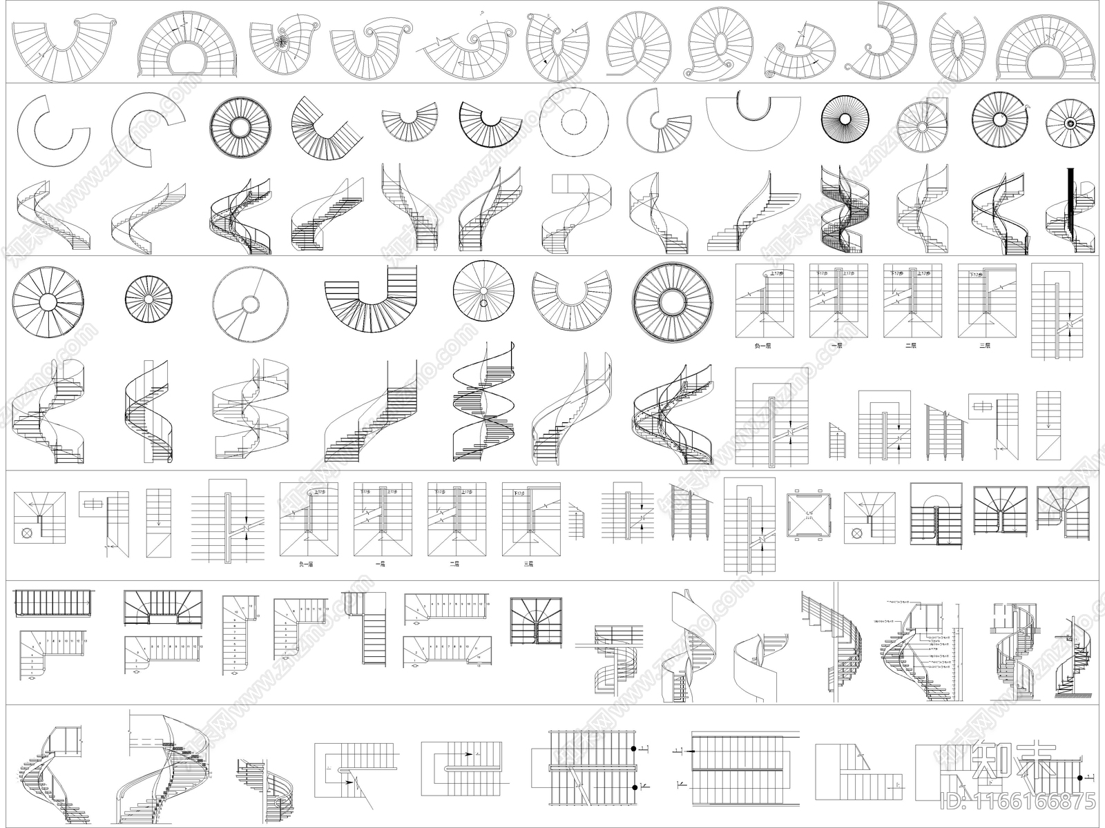 2024年最新各式楼梯平立面CAD图库施工图下载【ID:1166166875】