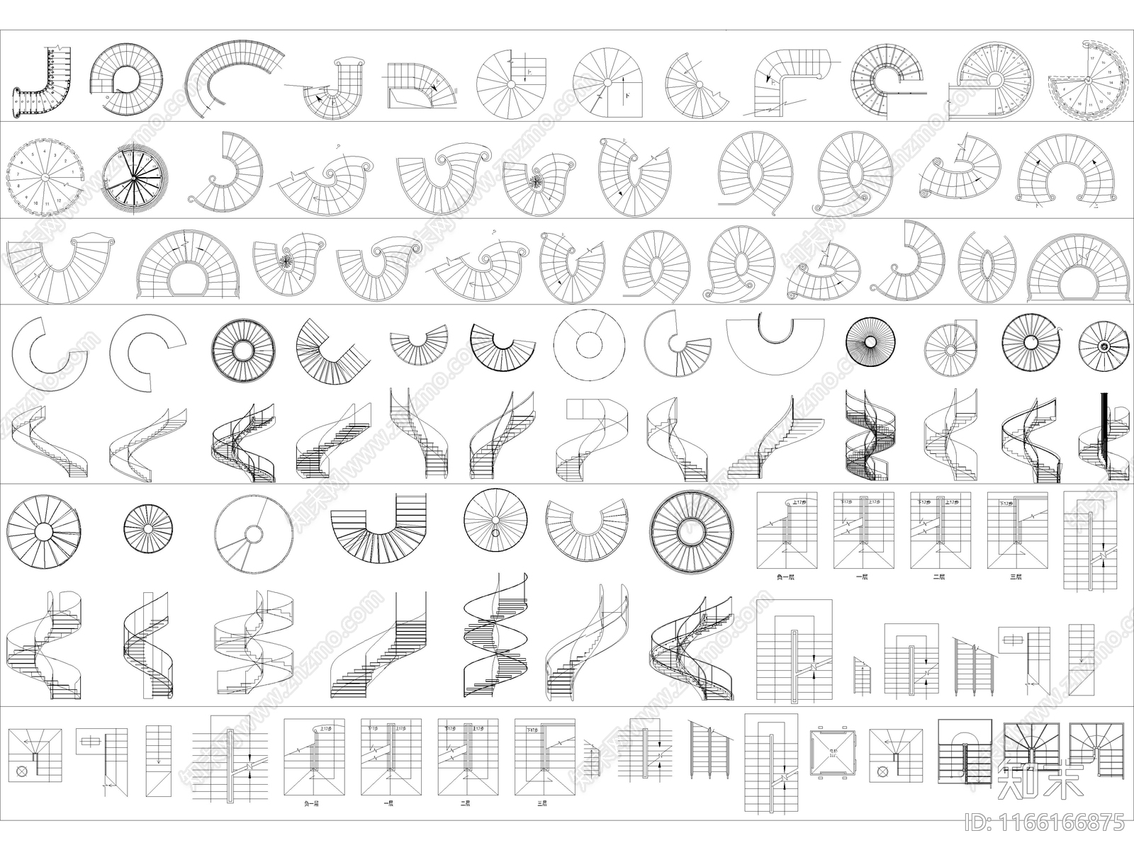 2024年最新各式楼梯平立面CAD图库施工图下载【ID:1166166875】