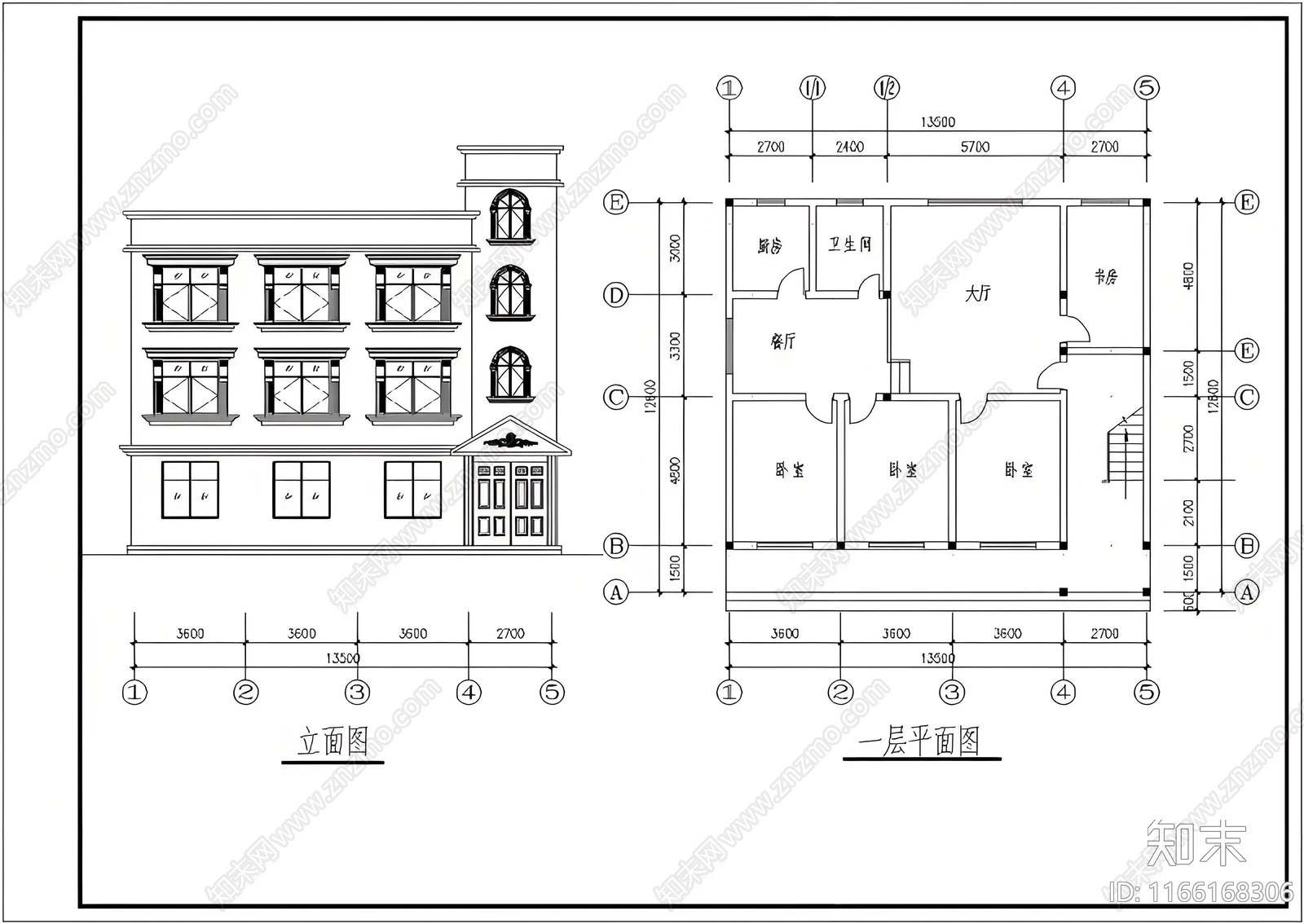 简约欧式别墅建筑施工图下载【ID:1166168306】