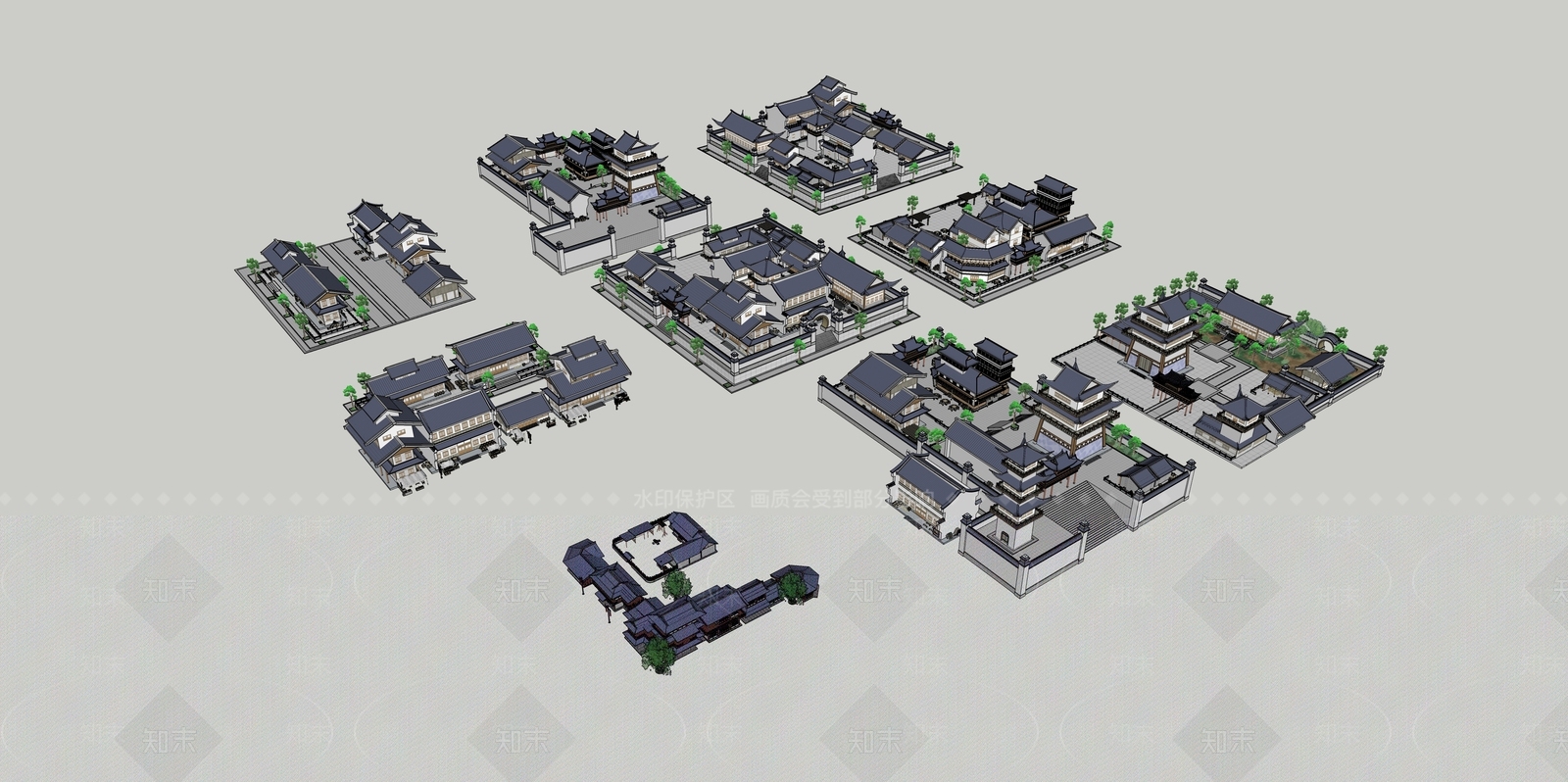 新中式中式古建筑SU模型下载【ID:1166172614】