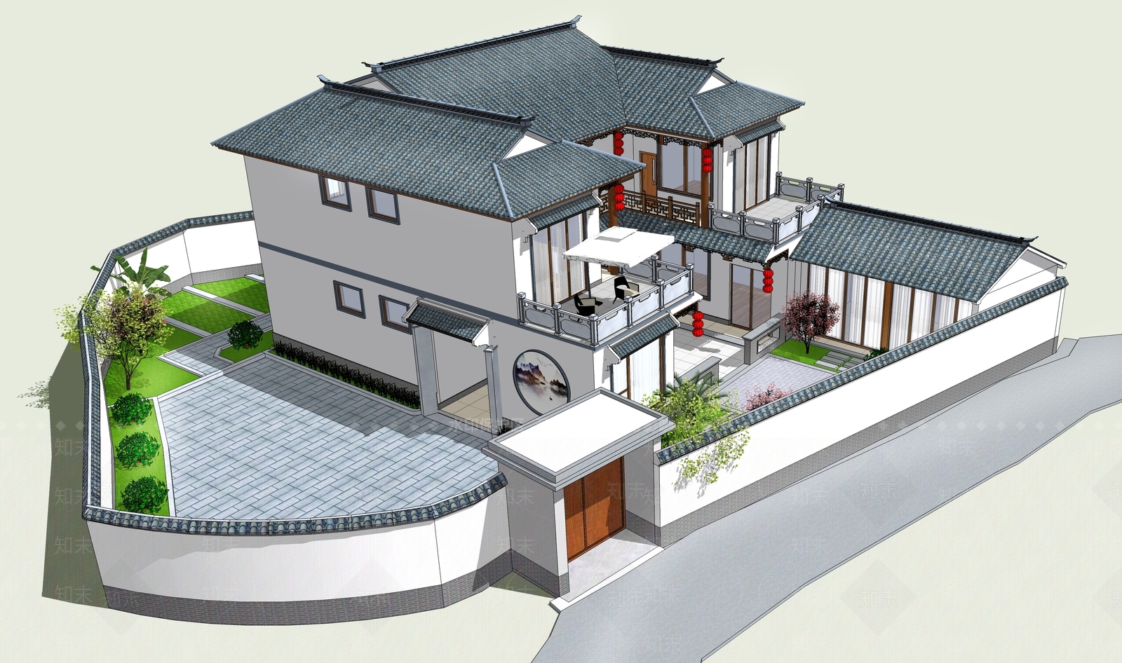 新中式极简四合院SU模型下载【ID:1166227999】