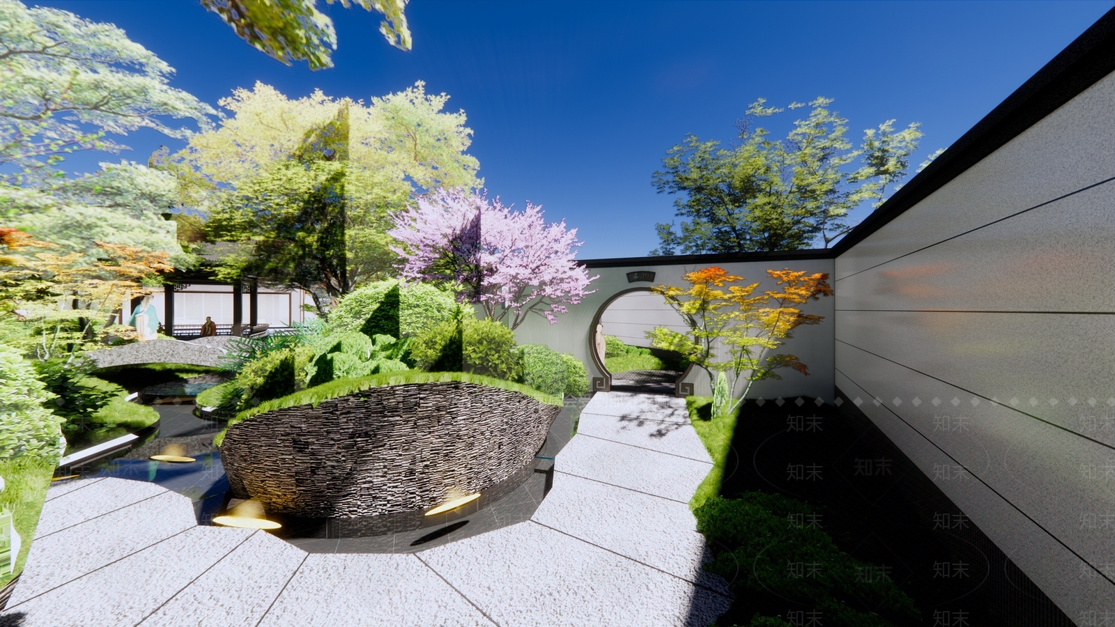 新中式小区景观SU模型下载【ID:1166300750】