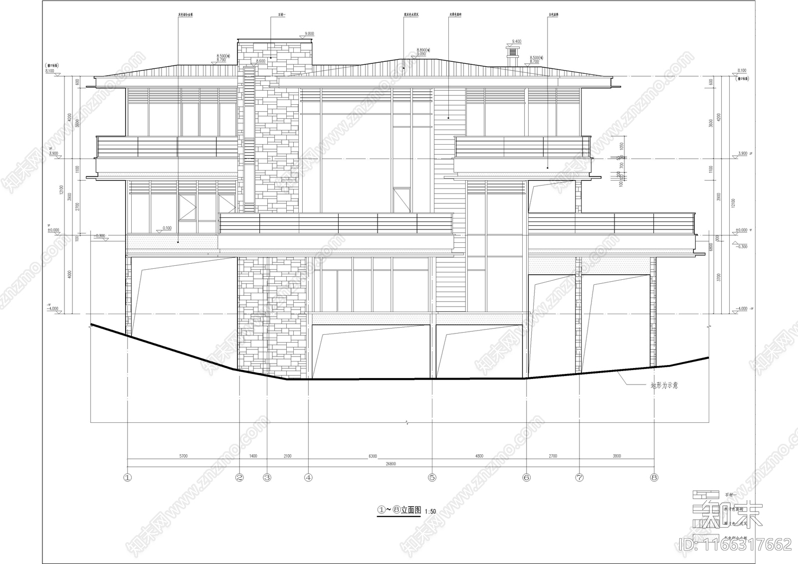 现代民宿建筑cad施工图下载【ID:1166317662】