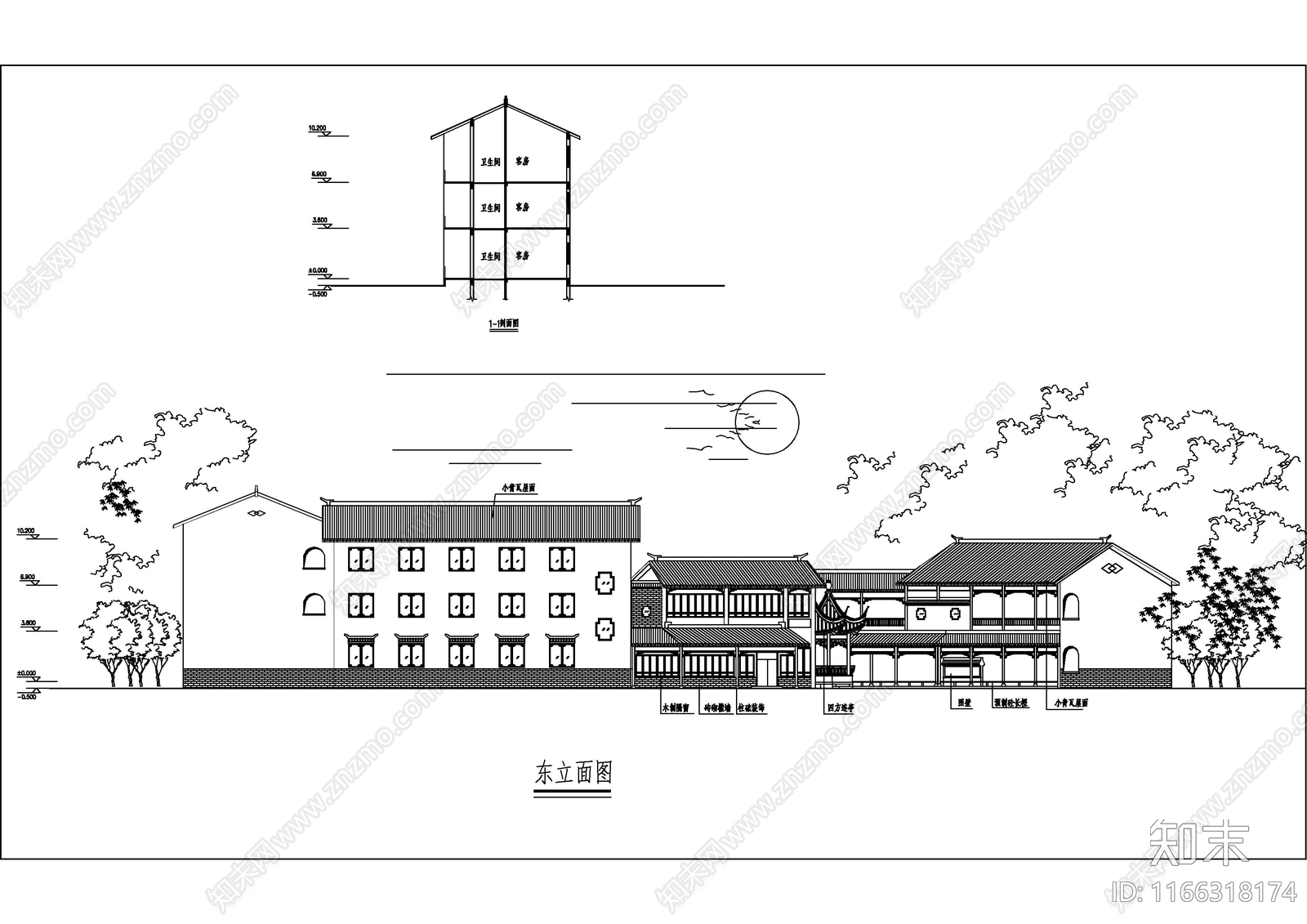 现代民宿建筑cad施工图下载【ID:1166318174】