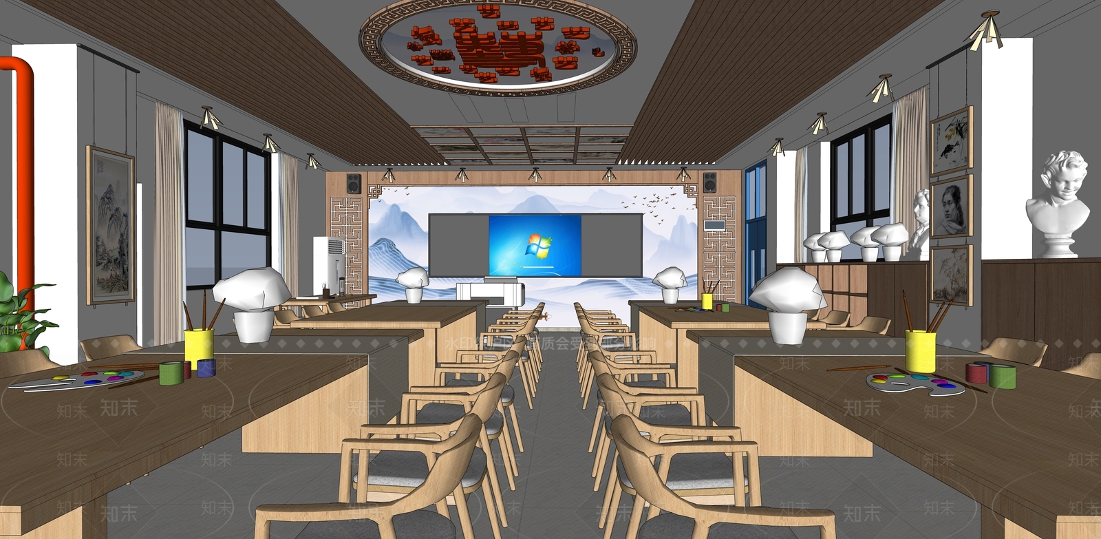新中式其他学校空间SU模型下载【ID:1166357599】