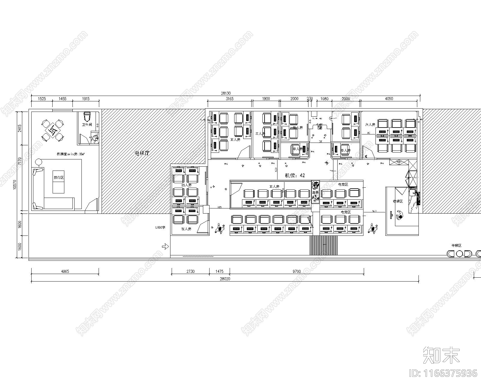 现代轻奢网吧施工图下载【ID:1166375936】