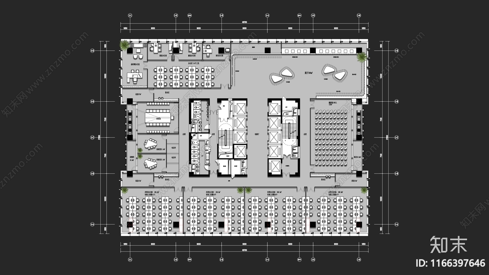 2000㎡办公空间平方案cad施工图下载【ID:1166397646】