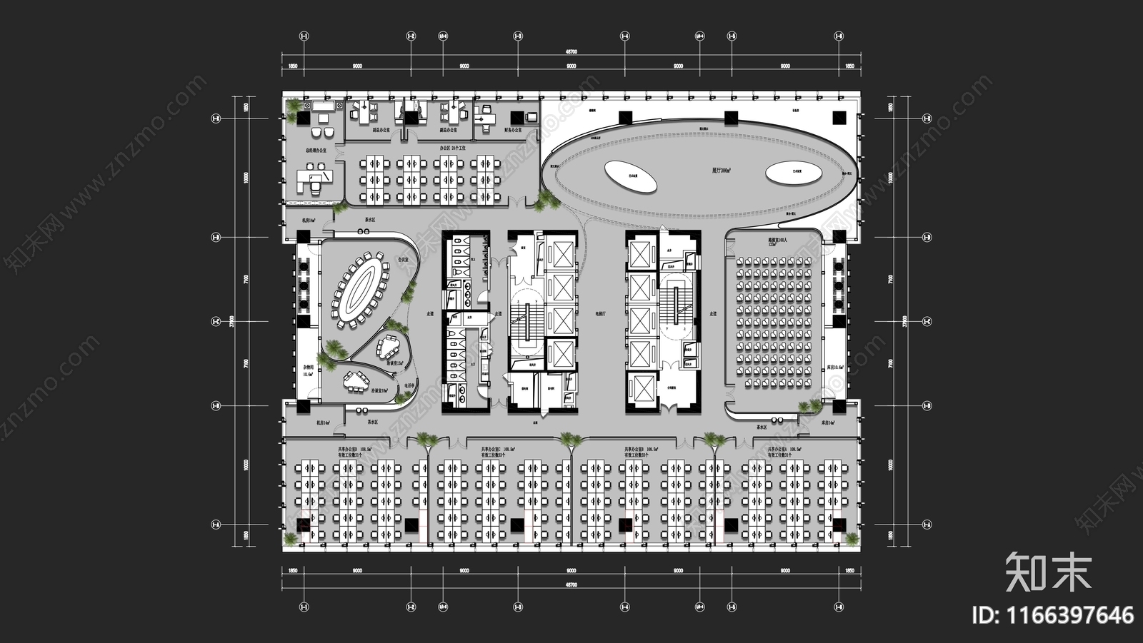 2000㎡办公空间平方案cad施工图下载【ID:1166397646】