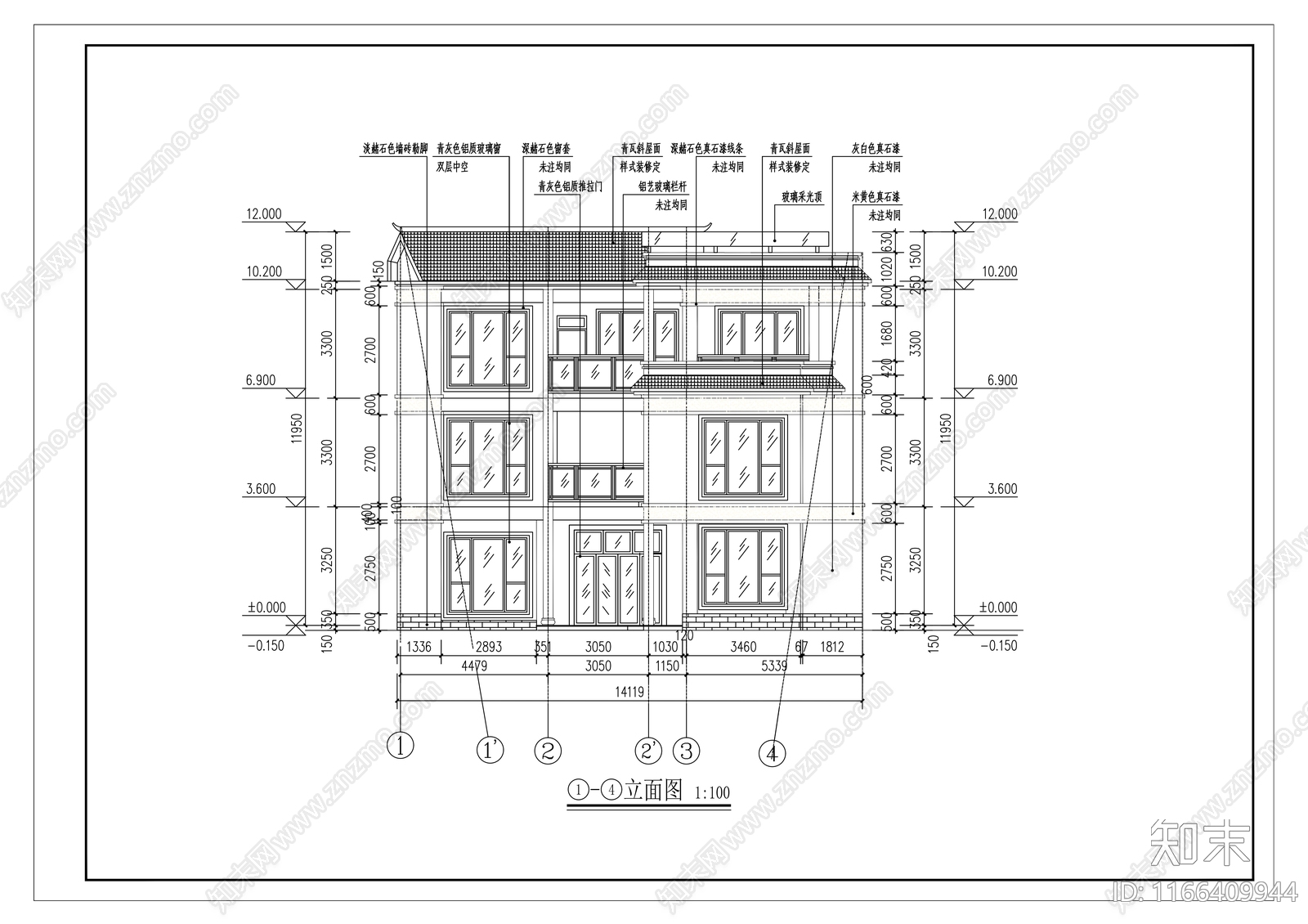 新中式中式别墅建筑cad施工图下载【ID:1166409944】