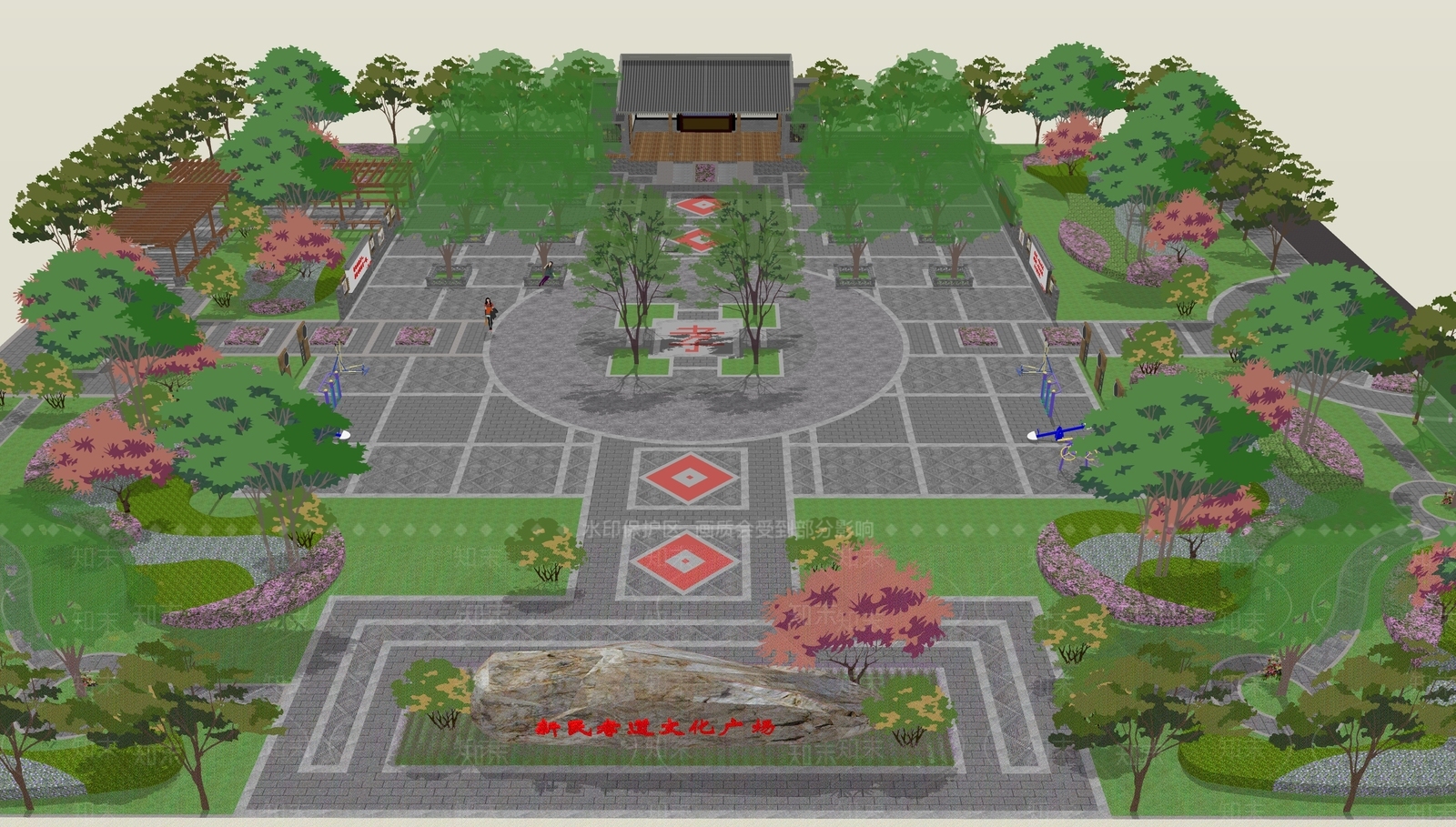 新中式现代广场景观SU模型下载【ID:1166427495】
