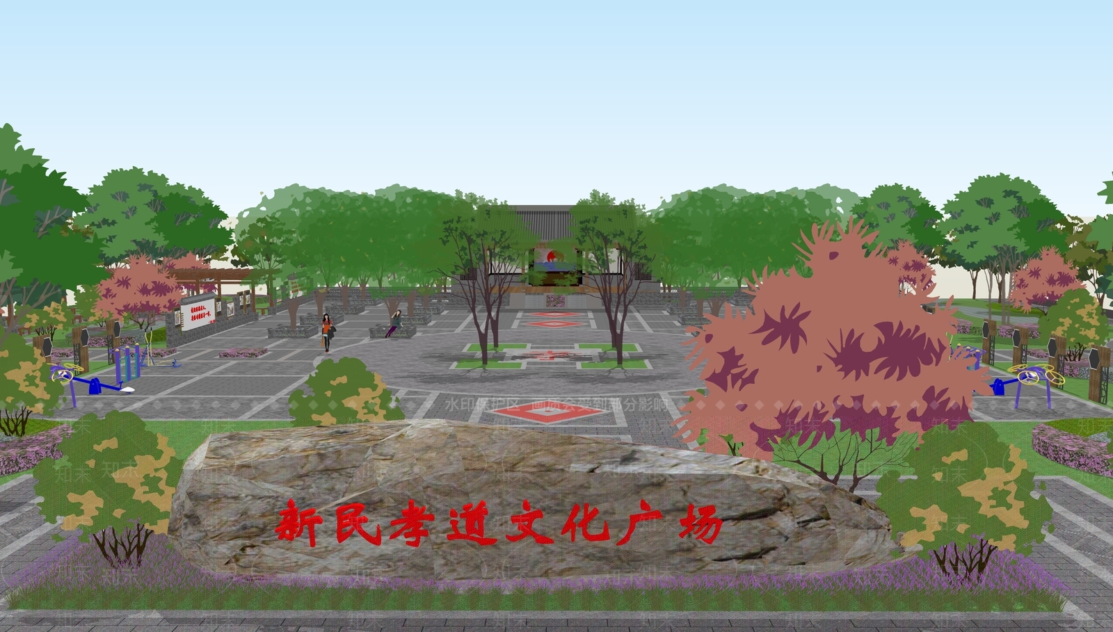 新中式现代广场景观SU模型下载【ID:1166427495】