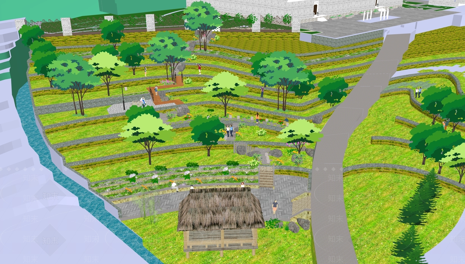 中式新中式乡村公园SU模型下载【ID:1166430890】