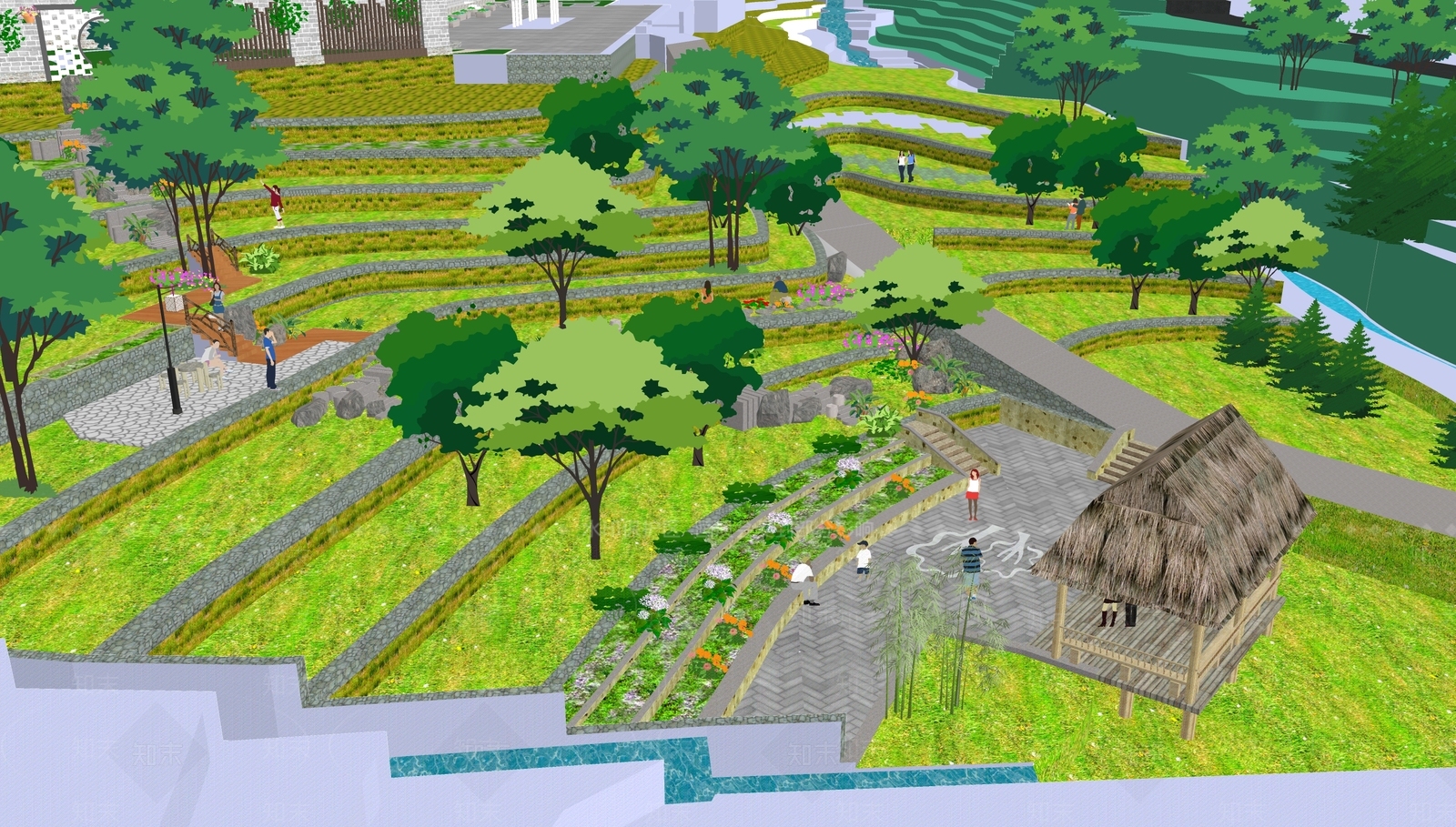 中式新中式乡村公园SU模型下载【ID:1166430890】