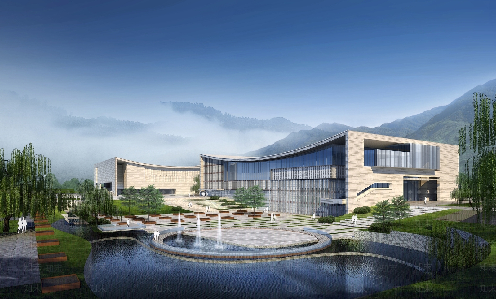 新中式图书馆建筑SU模型下载【ID:1166456464】