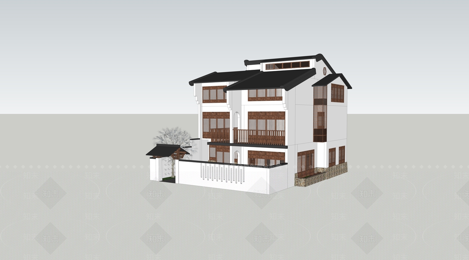 新中式现代乡村民房SU模型下载【ID:1166462232】