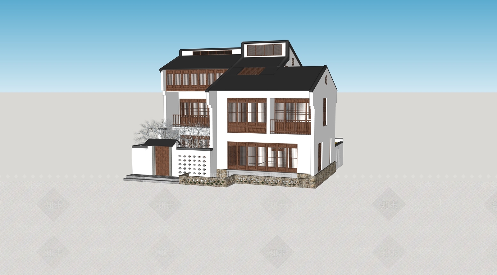 新中式现代乡村民房SU模型下载【ID:1166462232】