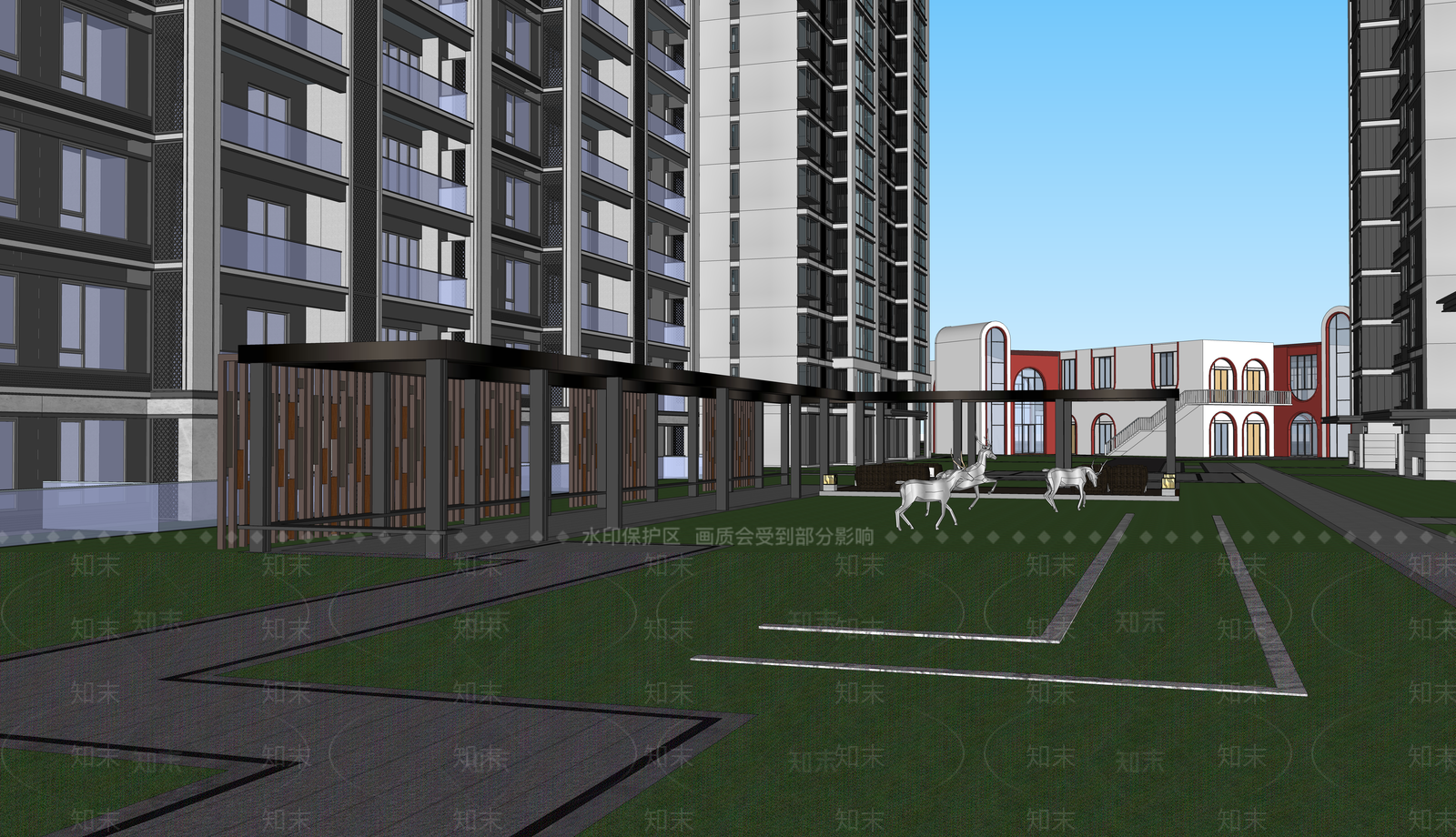 新中式中式小区景观SU模型下载【ID:1166490872】