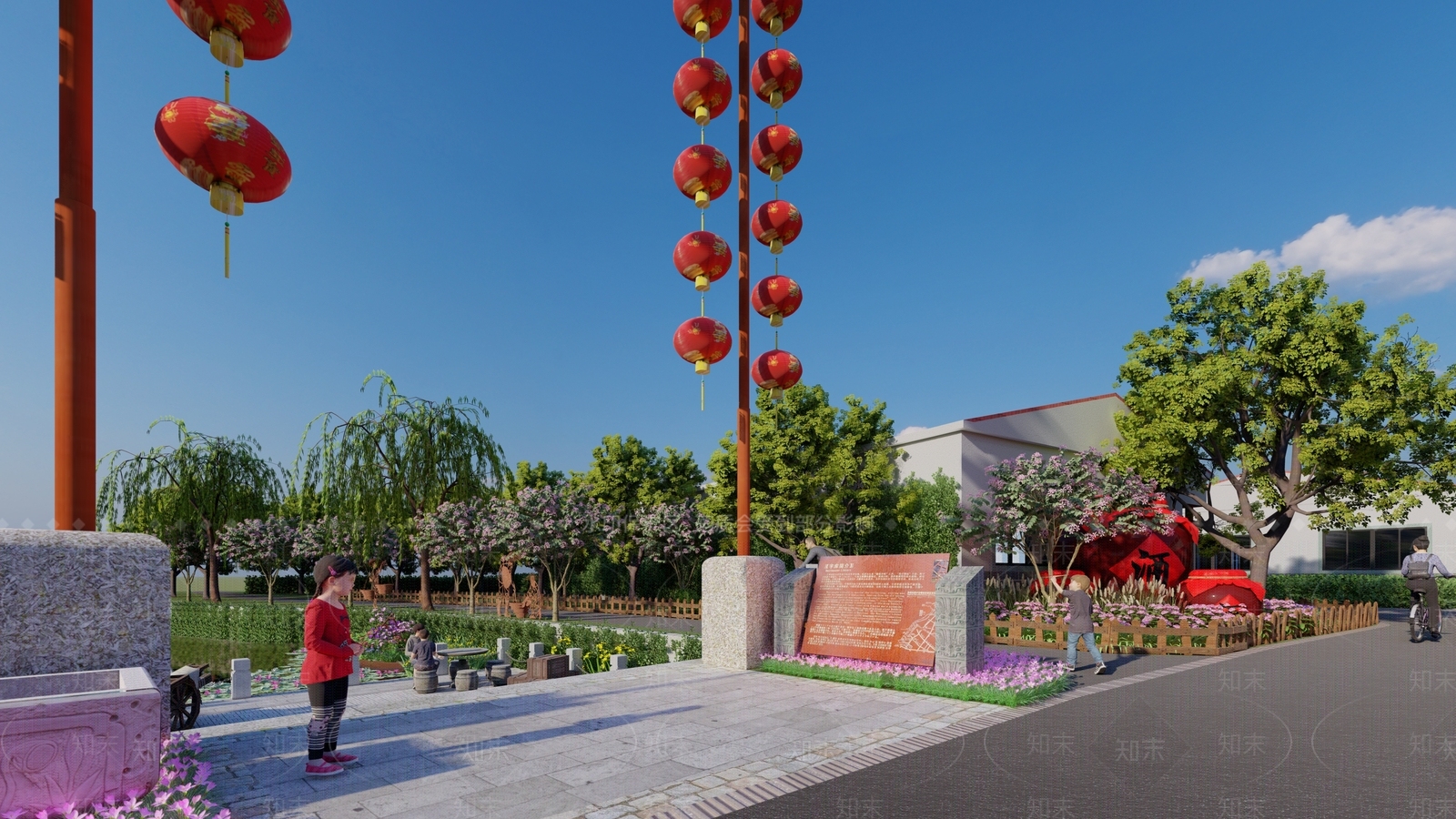 新中式滨水景观SU模型下载【ID:1166499795】