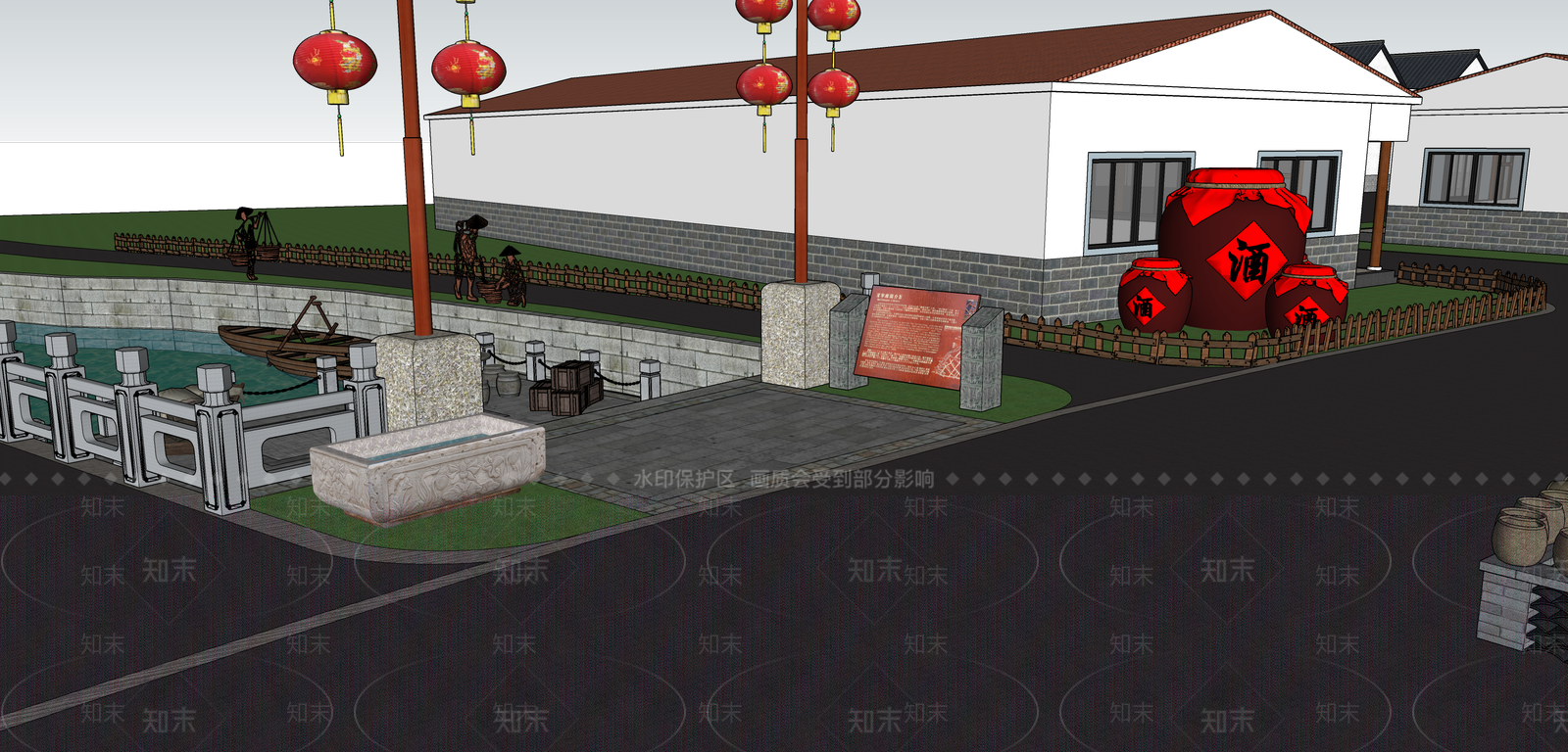 新中式滨水景观SU模型下载【ID:1166499795】